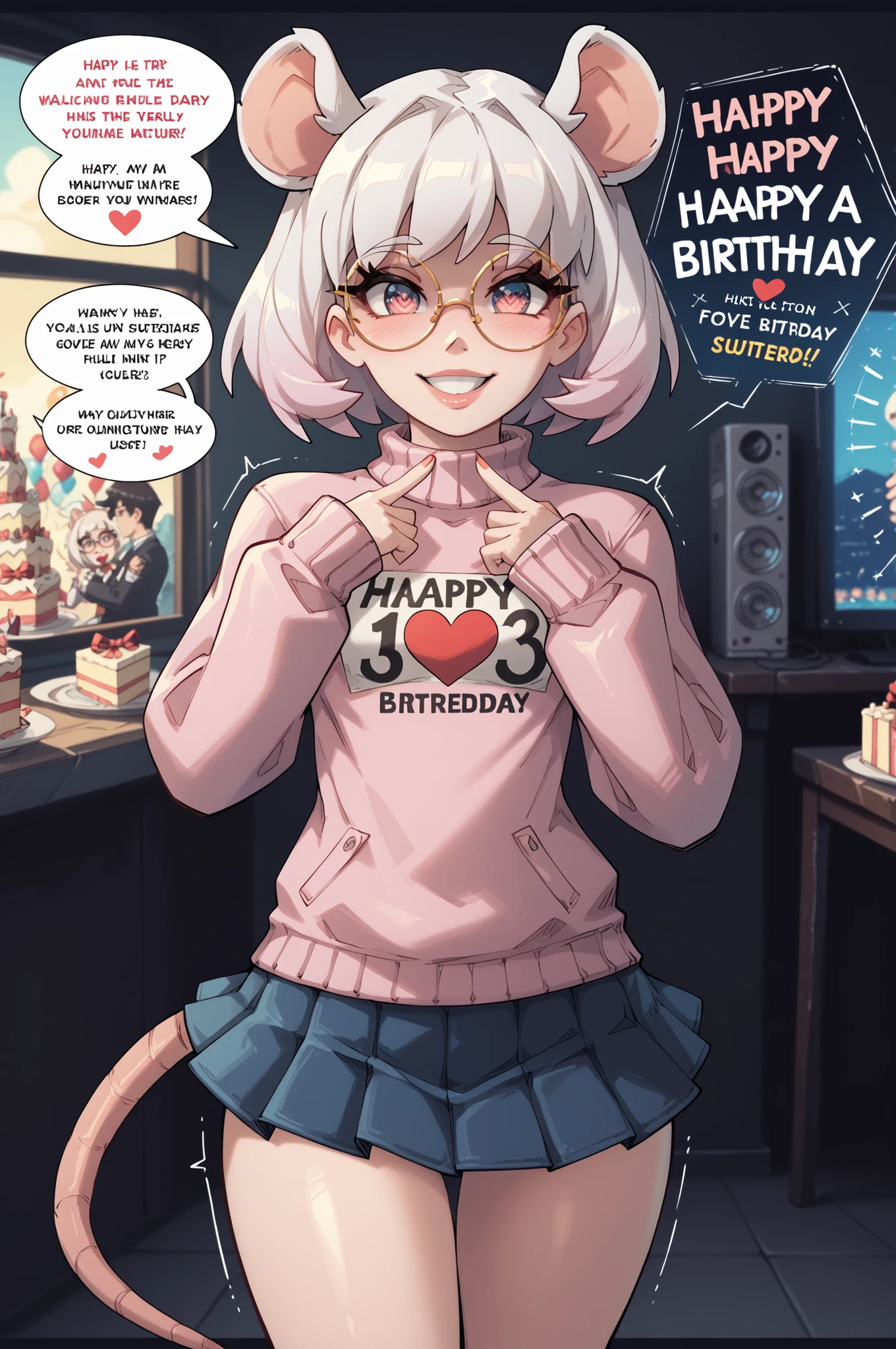 ultra-detailed , beautifully detailed face , detailed lips , High Quality , detailed glossy skin , Detailed beautiful hair, detailed beautiful eyes , ( high res:1.2), 4K, Official Art, High Quality, masterpiece, best quality, ultra-detailed), strong outlines, (lineart:1.2), (shaded:1.2), Gerph_artstyle, Gerph, (best quality), (masterpiece:1.2), 4k ,(ultra detailed:1.2), masterpiece, best quality, extreme detail, (masterpiece, best quality, highres), (Best quality:1.0), (masterpiece:1.2), masterpiece, best quality, newest, highres, detailed eyes, frame, heart, trembling, focus line, vibrating line, comic expression, sound effect, birthday gift, birthday, happy birthday, celebration, anniversary, mouse girl, petite girl, small , wearing a sweater, long sleeve sweater, large round glasses, pink short hair, rat tail, white mini skirt, smile, looking at the viewer, happy, pov 