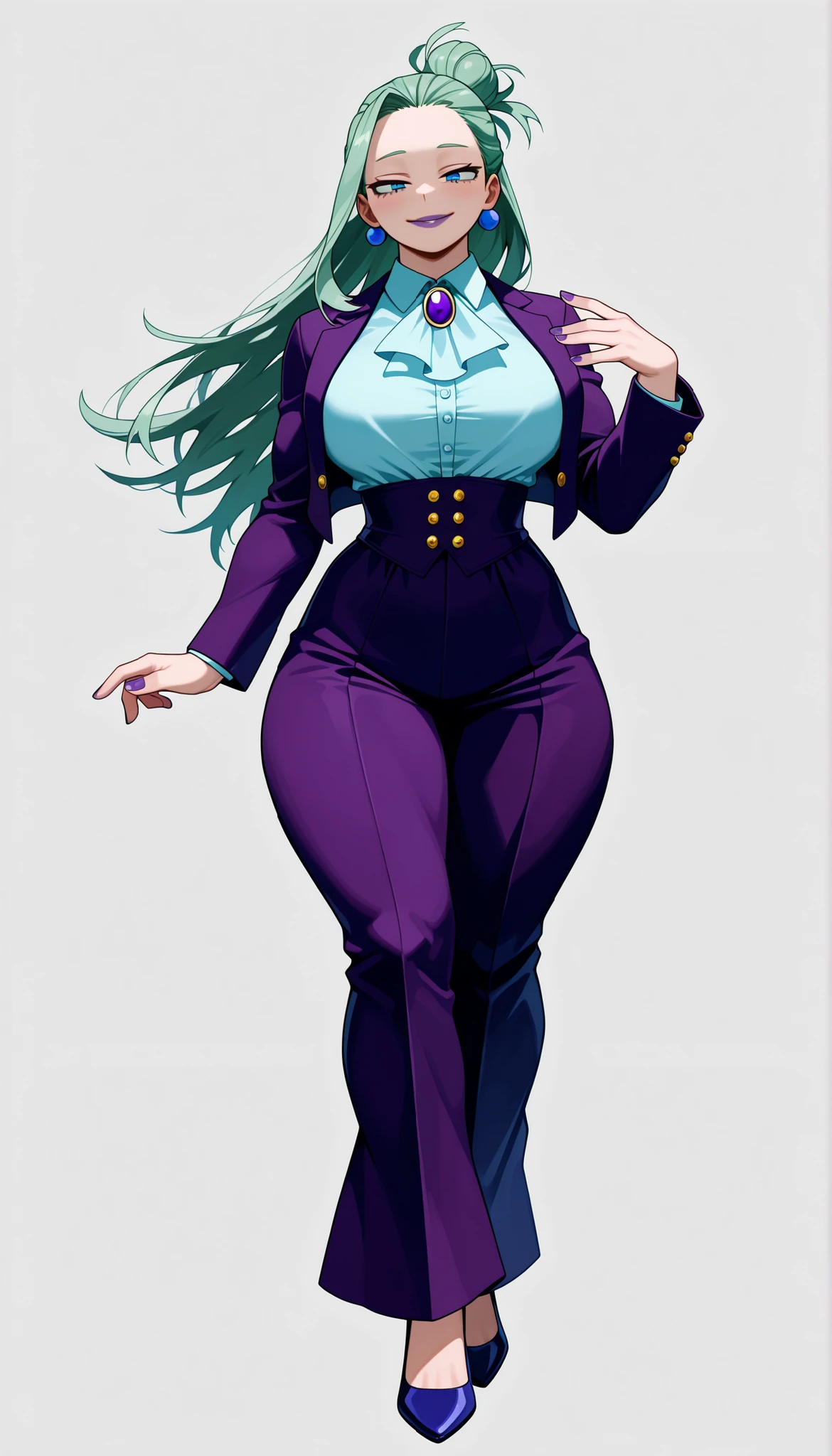 ((Highest Quality)), ((Simple Light Grey Background)), (My Hero Academia Style), standing, 1female, female, mature woman, Older woman, big large Breast, toned thighs, thick hips, extra toned thick shins, solo, Athletic body, standing, (Full Body), Odalia Blight, Purple lipstick, Big large breast, thick thighs, thick hips, light pale-skinned, light pale-skinned female, My hero academia style, (Mint green hair), sky blue eyes, long hair, single hair bun, Slicked back hair, straight hair, hair behind the ears, no bangs, no sidebangs, light pale skin, Purple lipstick, half-closed eyes, thick lips, blue earrings, Purple nail polish, elegant suit, purple suit, elegant purple suit, open blazer, purple blazer, cropped blazer, Pale blue blouse, fitted blouse, purple high-waisted bell-bottoms, high-waisted bell-bottoms, purple bell-bottoms, Navy blue high heels, high heels, Purple gem locket, gem locket, purple locket, High-collared blouse, Elegant bearing, elegant pose, elegant smile, condescending smile,