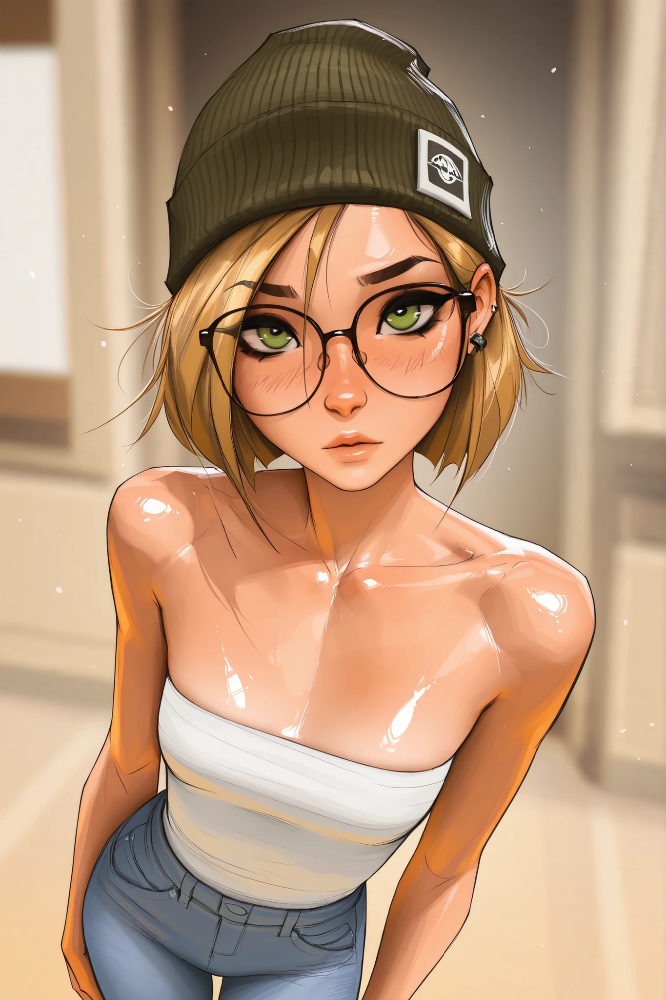red rimmed glasses, short hair, green eyes, blonde hair, masterpiece, best quality, very aesthetic, movie quality, depth of field,soft saturation, focused subject, ,official style, shiny skin, 1girl, dark eyeliner, high top beanie, (darcy redd), shirow masamune,  sam yang style,  oily skin,  1girl, small ,  wavy brown hair, tube top, jeans, tall girl, long abdomen, ear piercings, big eyelashes