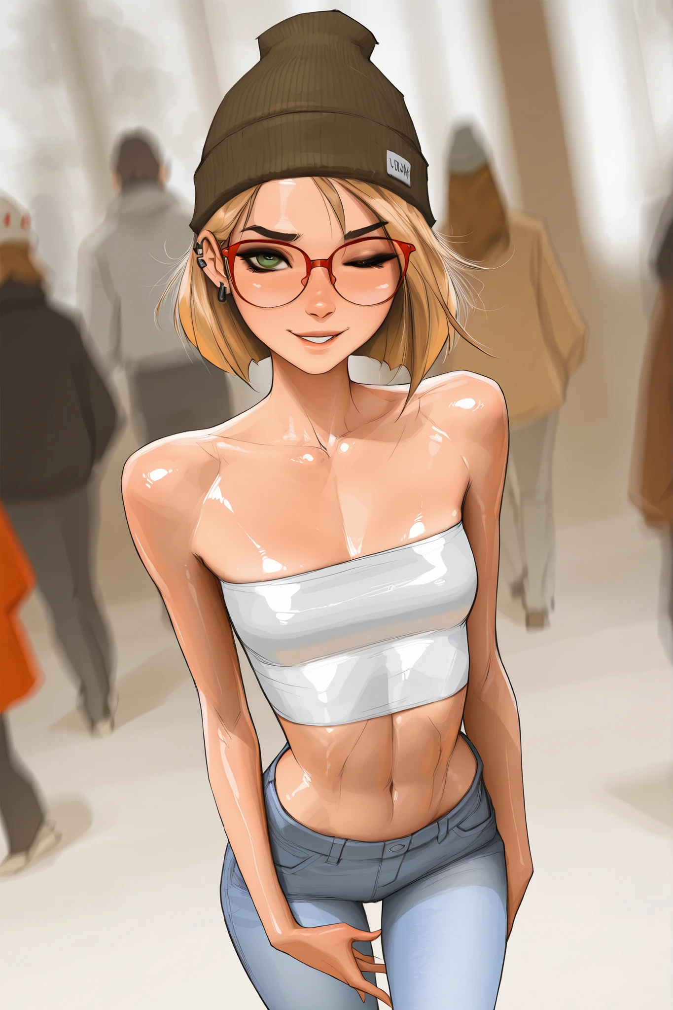 red rimmed glasses, short hair, green eyes, blonde hair, masterpiece, best quality, very aesthetic, movie quality, depth of field,soft saturation, focused subject, ,official style, shiny skin, 1girl, dark eyeliner, high top beanie, (darcy redd), shirow masamune, sam yang style, oily skin, 1girl, small , wavy brown hair, tube top, jeans, tall girl, long abdomen, ear piercings, big eyelashes, sarcastic wink, high angle
