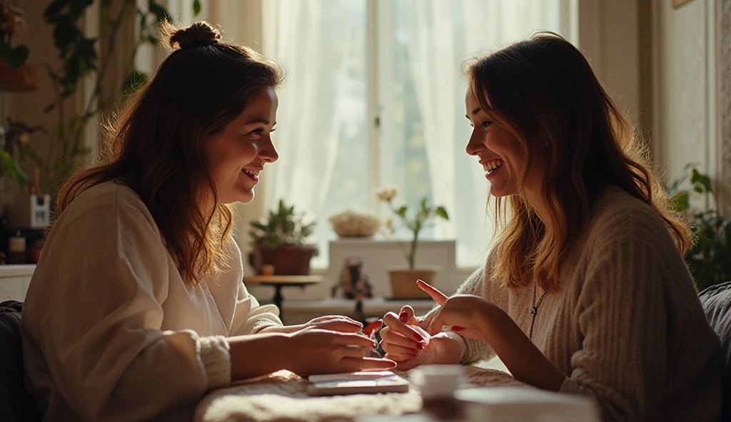 A serene scene in a modern room bathed in soft light, the background is in white tones with a few green plants to inspire serenity. A few decorative elements, such as a wooden coffee table and comfortable cushions, complete the decor. A mother in her thirties and a young nanny of 25 years old, shake hands, a peaceful smile on their lips, their expression reflecting confidence and enthusiasm. The two characters wear modern, casual clothing and are of Caucasian descent.