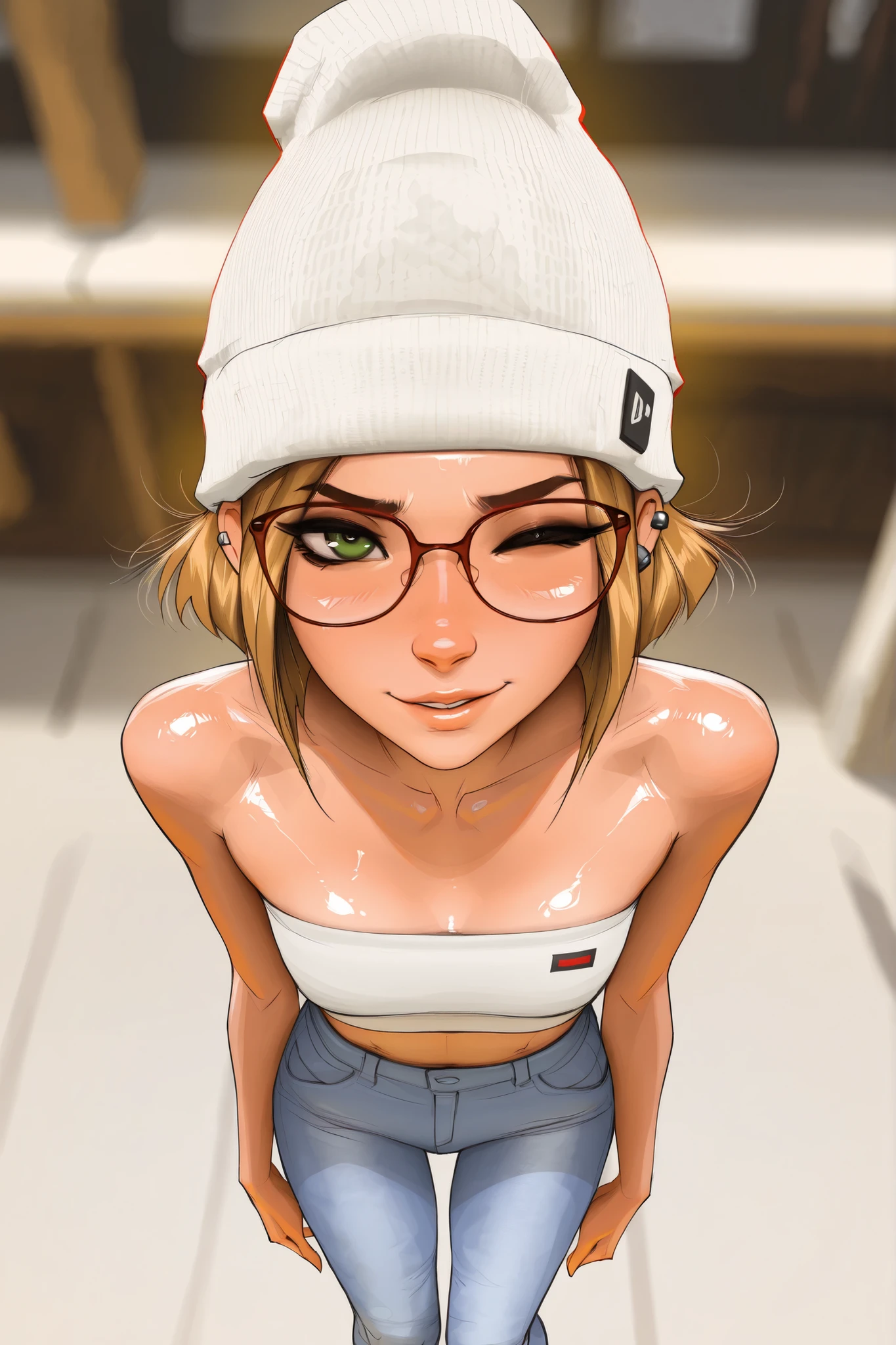 red rimmed glasses, short hair, green eyes, blonde hair, masterpiece, best quality, very aesthetic, movie quality, depth of field,soft saturation, focused subject, ,official style, shiny skin, 1girl, dark eyeliner, high top beanie, (darcy redd), shirow masamune,  sam yang style,  oily skin,  1girl, small ,  wavy brown hair, tube top, jeans, tall girl, long abdomen, ear piercings, big eyelashes, sarcastic wink, high angle