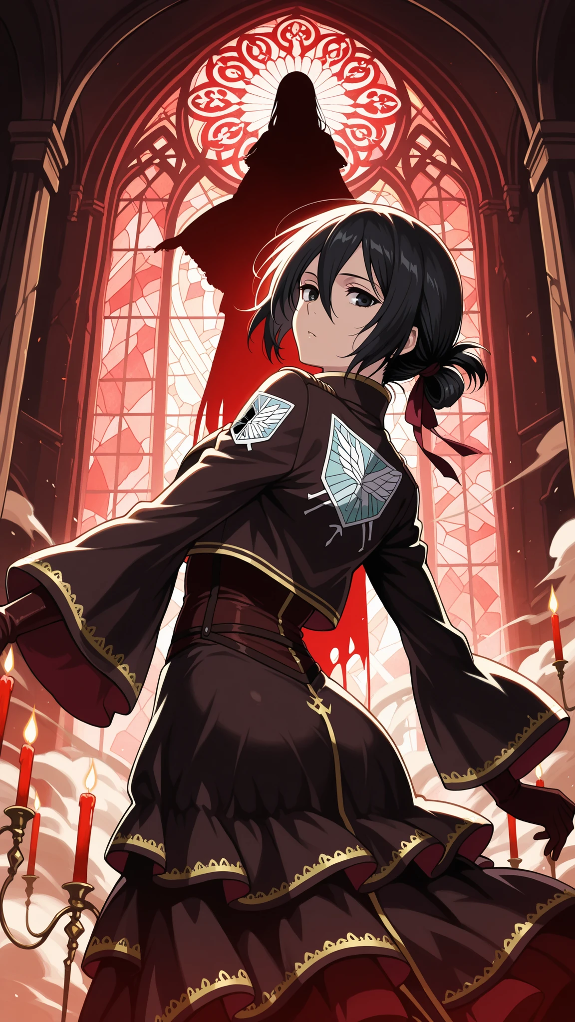 BREAK (masterpiece:1.2),Endless gothic library with floating candles,
dust drifting in the air,
massive shelves stretching into darkness,
soft red light from distant stained glass,
mystical and eerie atmosphere, mikasa ackerman, black hair, black eyes, short hair, hair between eyes,dark red and black layered dress with gold embroidery,
wide sleeves with velvet trim,
hair tied with a ribbon matching the dress,
long gloves slightly shimmering,
mystical and refined gothic fantasy tone
,looking at viewer,cowboy shot,action pose,floating hair,arched back,from below,from behind,back photo