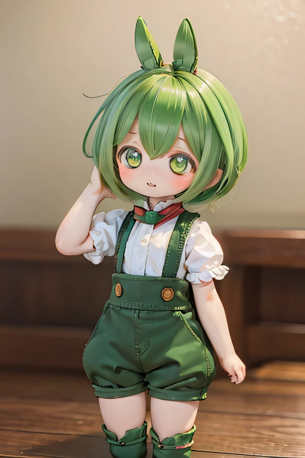 cute green-haired zundamon in playful pose, ( chibi), Detailed character design , complicated details , surreal , photorealistic , 8k, masterpiece , is high resolution, bright color, soft sentence dripping on the floor , natural light, 、 warm palette , Amazing , fantasy , cute , cuteデザイン , , Heartwarming、Edamame、 green overalls、white blouse、Around Town (((Edamame on the head)))