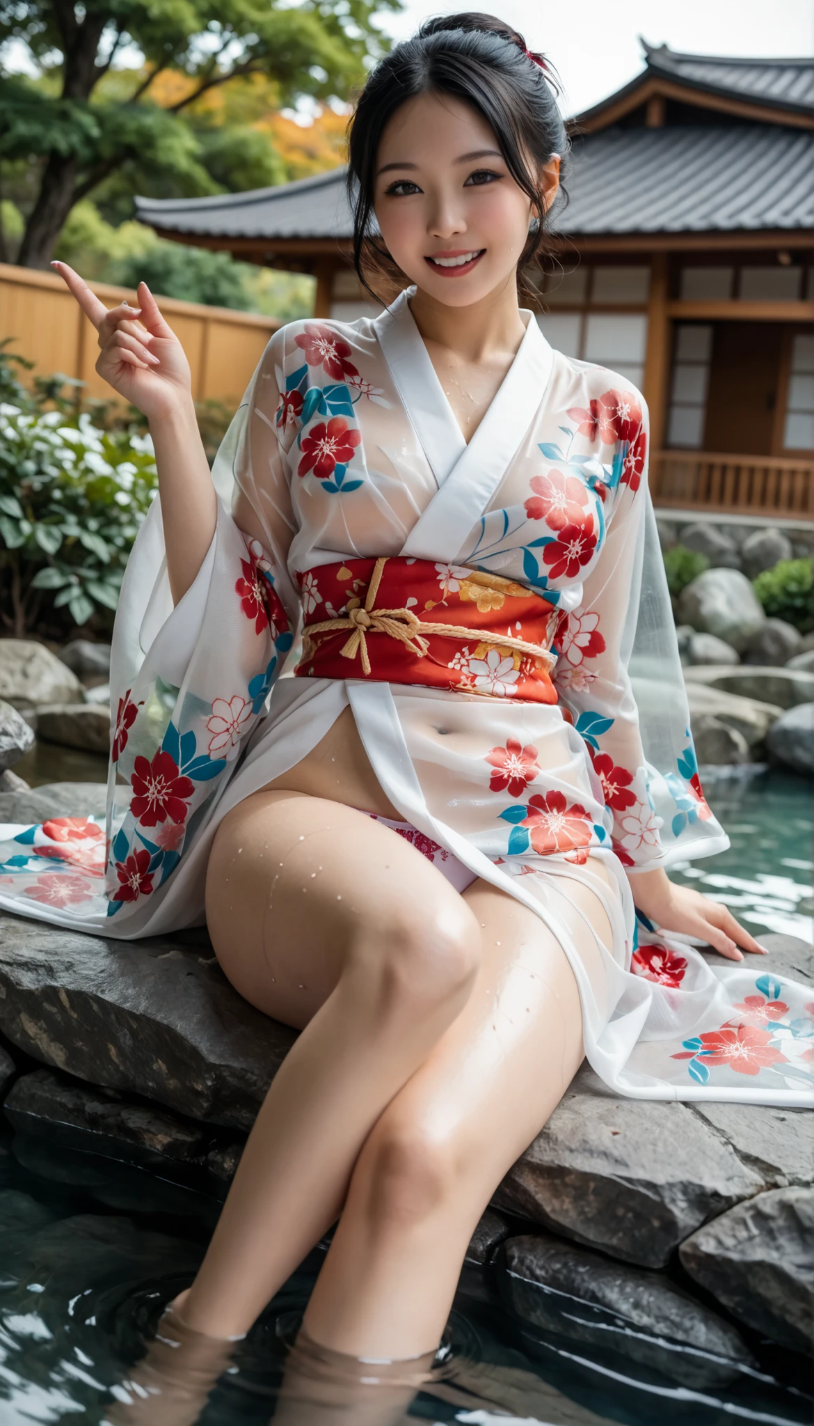 最High Quality 、High Quality 、 最high definition、high definition、8K Quality、high image quality 、最High Quality、 masterpiece 、immersive video、 very realistic image 、Realistic Paintings、 perfect details 、 from out of view High contrast 、High Fidelity、 perfect photo without blur、close to reality、 image faithfully reproduced in every detail、 EXQUISITE AND REALISTIC WEAPONS 、 Exquisite and realistic human skin 、 Realistic face in every detail、 realistic eyes with attention to detail 、 realistic lips drawn with minimal detail 、 detailed and real teeth、Real Ears、 Realistic Hair 、((Japanese Model))、((gravure idol))、((Young face))、((black hair))、((medium rounded breasts))、((Stylish Body ))、(((Sweaty skin all over )))、((Wear a floral kimono made of transparent vinyl,See your skin through a clear vinyl kimono {x} Clear vinyl fits your skin perfectly))、((Wear a floral kimono made of transparent nylon,Clear nylon adheres perfectly to the skin))、((See your skin through a clear vinyl kimono))、((See your skin through a clear nylon kimono))、((Sexy panties visible between her thighs))、((Traditional Japanese Garden))、((Blue Sky))、(((Sitting on a large stone in the garden,Pose to raise one leg and make your thighs look beautiful )))、(((faithfully floating on top of semen hot springs,)))、(((look at her from a random angle)))
