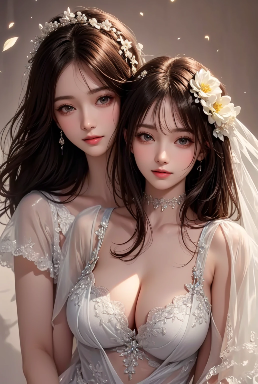 (masutepiece: 1.3), (max resolution: 1.2), (Ultra HDTV: 1.2), cinematric light, 8K resolution, Detailed eyes and skin, detailed facial features, , (Sharp Focus: 1.2）, (Focus on Face:1.2),Perfect Style、two womens, One is 15 years old、One is 25 years old、standing in bedroom、hugging each other and kiss、One is rubbing the ????? of the other、Touching the opponent's ?????、Exposed cleavage, Soft ???????, red blush,??????,Hugs and deep kisses、Rubbing each other's ???????、Touching each other's ????????、 full of sweat, Wet ?????????、Hollow eyes,Disheveled clothes、White bra、White ?????????、（detailed maid outfit:1.8）、Stockings、One has long black-brown hair and blue eyes、One is a short bob with gray hair、Hide each other with your hands、Functional expressions、(They、Staring at each other:1.8)