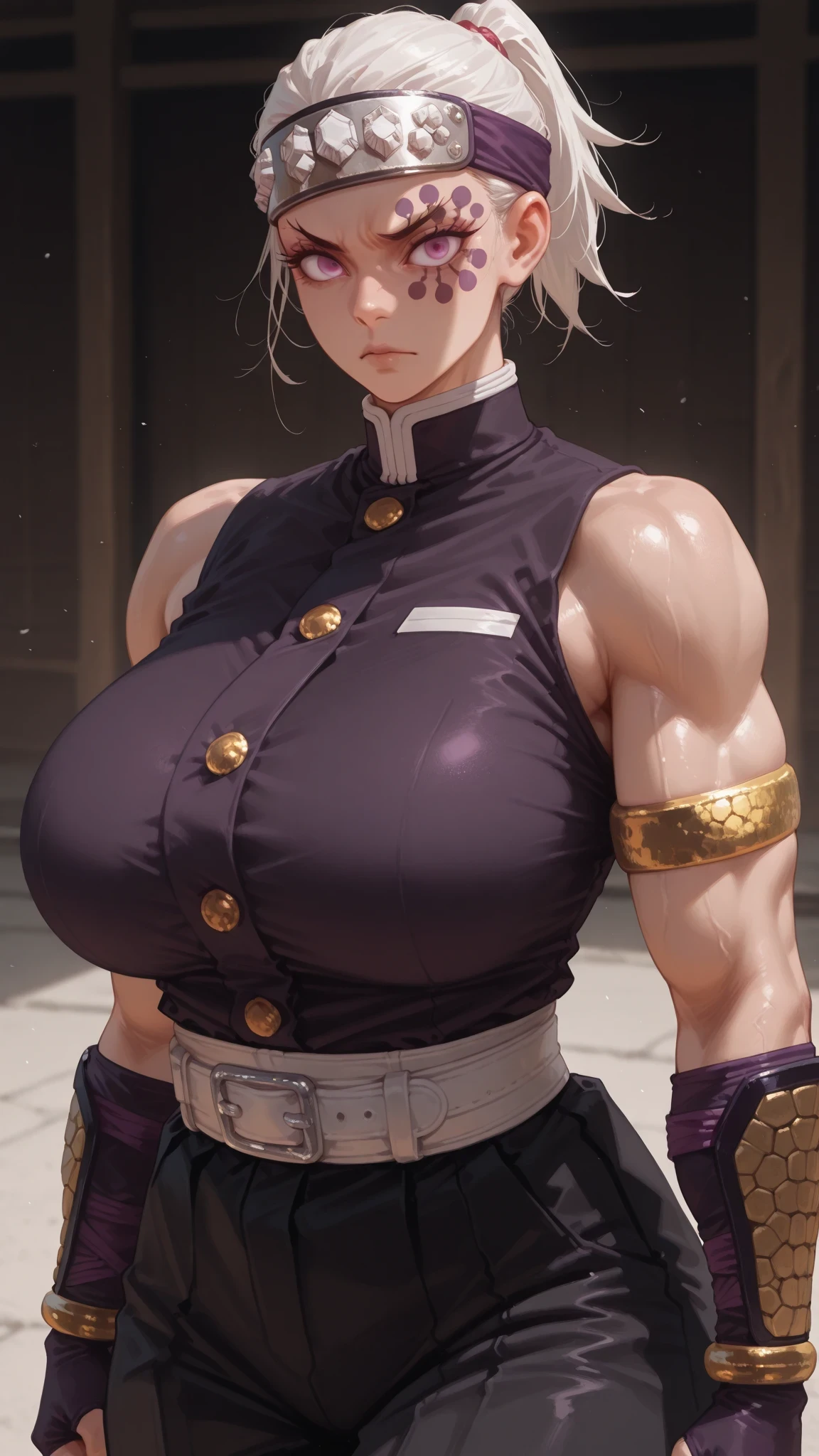 1girl, solo, beautiful girl, UHD, masterpiece, (anatomically correct), super detail, high details, high quality, best quality, HD, 8k
Tenzen Uzui_\(Demon Slayer\), white hair, hair behind ear, hair pulled back, short ponytail, gender change, dashing eyebrows, Tough jaw, high-bridged nose, Slender eyes, androgynous face, handsome girl, purple eyes, eye marking, purple marking, ninja, Forehead protection(jewellery), black top, Turtleneck, sleeveless, yellow buttons, gold Arm rings, waistband, black pants, dark purple gloves, fingerless gloves, muscular female, big breasts, huge hips, curvy, cowboy shot, look at viewer, milf, mature female