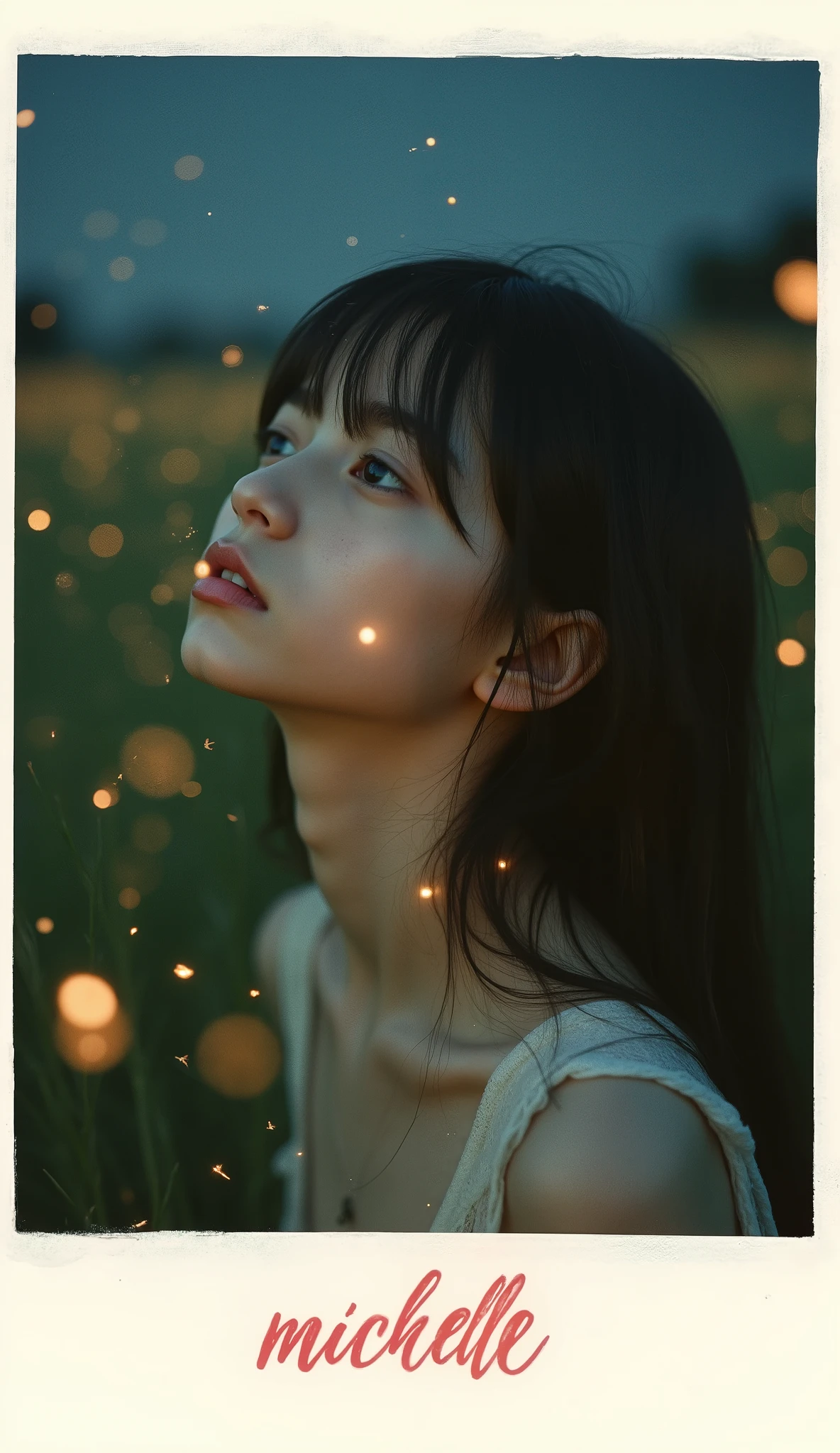 (overlay: Polaroid frame borders, signature "michelle" is subtly placed in the bottom left corner in red small calligraphy style text, long shot, side view, Youth at the end of summer, innumerable fireflies lights up the night bathing the area in their glow, Scrawny petite thin 13yo delicate girl looking up at the starry sky nostalgically, stunning light expression, hyper photorealistic, Biologically correct images:16, innocence, neat and clean, Highest resolution, masterpiece),
(super delicate Scrawny super skinny anorexic pretty petite thin 13yo girl:16, extremely thin, skinny super small babyface as pretty petite 12yo girl:16, extremely skinny anorexic bony pretty petite body as super delicate pretty petite 12yo thin girl, big round eyes, glossy detailed big pupils, no makeup, Beautiful contours, no moles, fairy pale thin skin, very delicate and very narrow shoulders as thin 11yo pretty petite girl, super skinny 11yo girlish thin thighs, skinny 11yo girlish small ass),