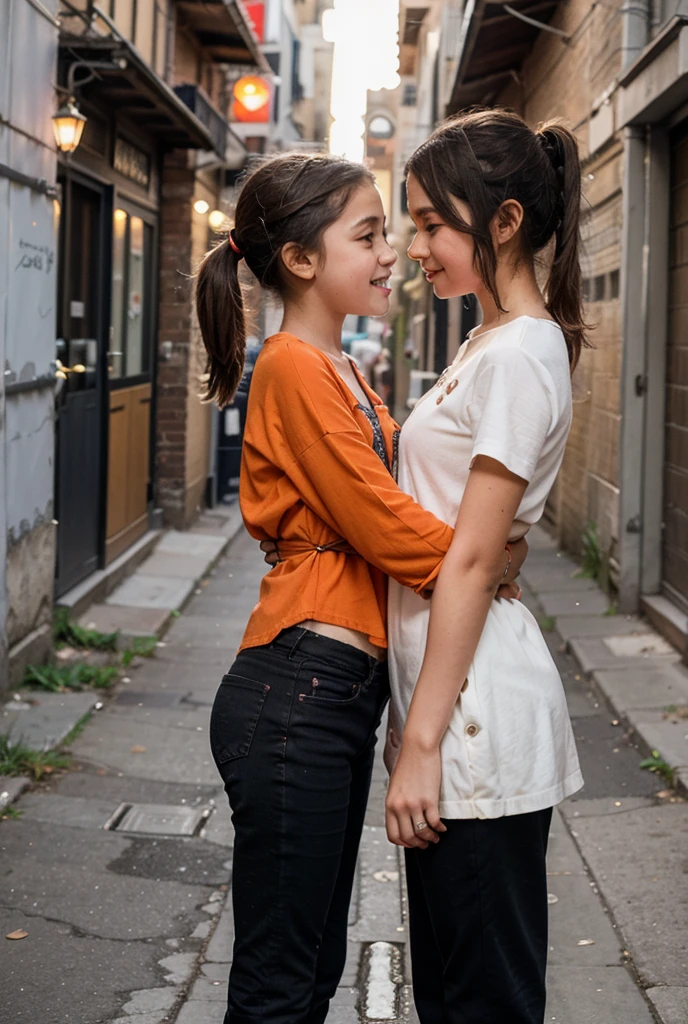 there is a girl who is embracing and kissing a boy's right cheek. The boy was holding a hair ribbon that he had hidden behind his body. against the backdrop of peach trees they wore matching denim outfits