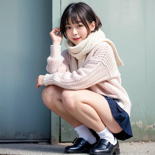 Highest quality, masterpiece, Ultra-high resolution, (Realistic:1.4), Raw photo, Very detailed, Perfect , One girl, 12 years old, Most popular Japanese idols, Squat down with your feet tightly together, Put your hand on your cheek, On the streets of Japan in winter, An innocent smile, View your viewers, (( shot, Under the skirt):1.3), (((Wearing white panties))), Detailed white panties, Very beautiful thighs and knees, ((extremely beautiful detailed  Wearing white panties)), Very beautiful legs, (She is wearing a navy blue pleated skirt and a brown duffle long coat.), Navy blue pleated skirt with attention to detail, Brown duffle long coat with attention to detail, Wearing black loafers and white socks on both feet, Very cute face like a famous Japanese idol, Very beautiful big black round eyes, Very beautiful black short hair, Cute face with attention to detail, Large, detailed, round black eyes, Detailed beautiful short black hair