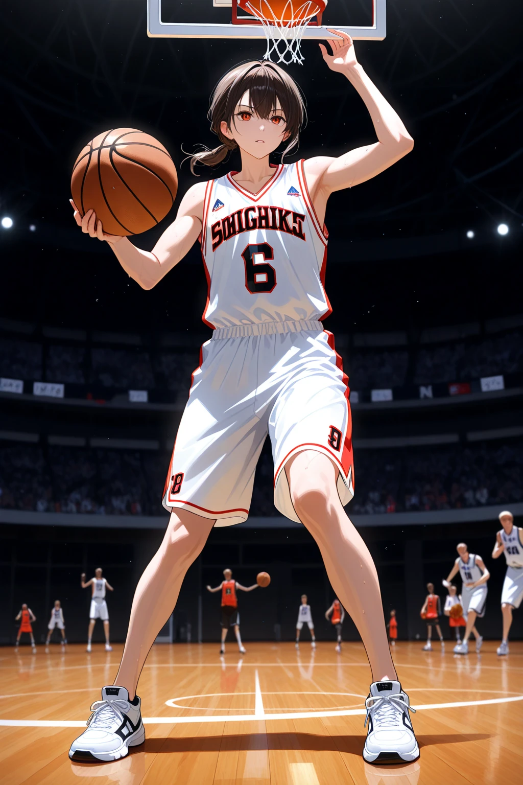 1girl, solo, masterpiece, best quality, ultra-detailed, short hair, tied hair, blunt bangs, black eyes, wearing a yellow basketball uniform, yellow uniform, sleeveless, wearing shorts, basketball, aiming, Lakers, basketball (object), basketball uniform, white stockings, running, basketball court, intense match, sports, holding basketball, highschool student, (8k), (professional lighting), (detailed illustration), (professional angle), (focus on face), (ultra focus on face),shinobu