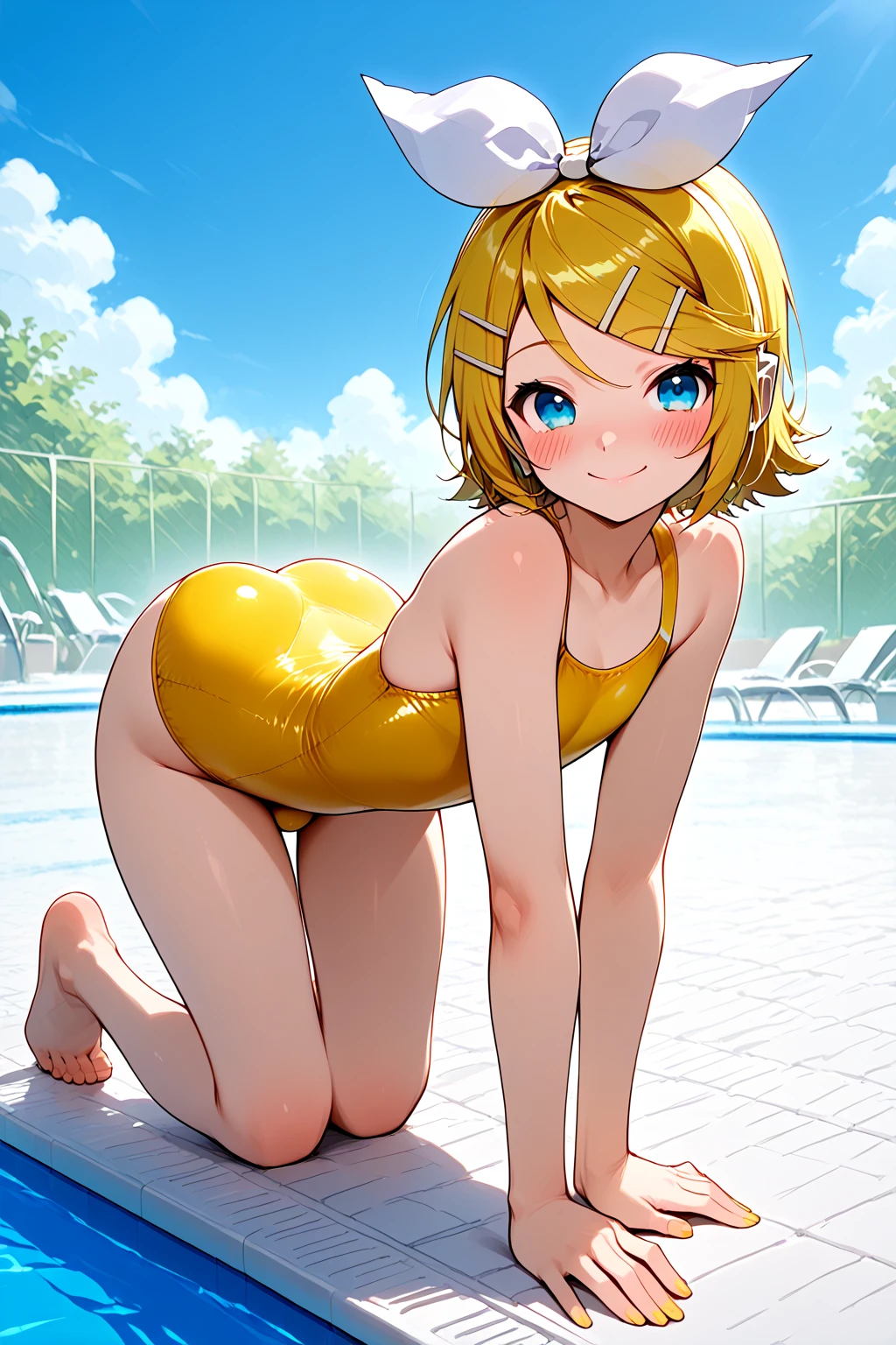 girl, alone, short hair, Bronze colored hair, thin, Misaka sister,Yellow ultra-high leg one-piece swimsuit Large rectangular glasses on the forehead, Beach