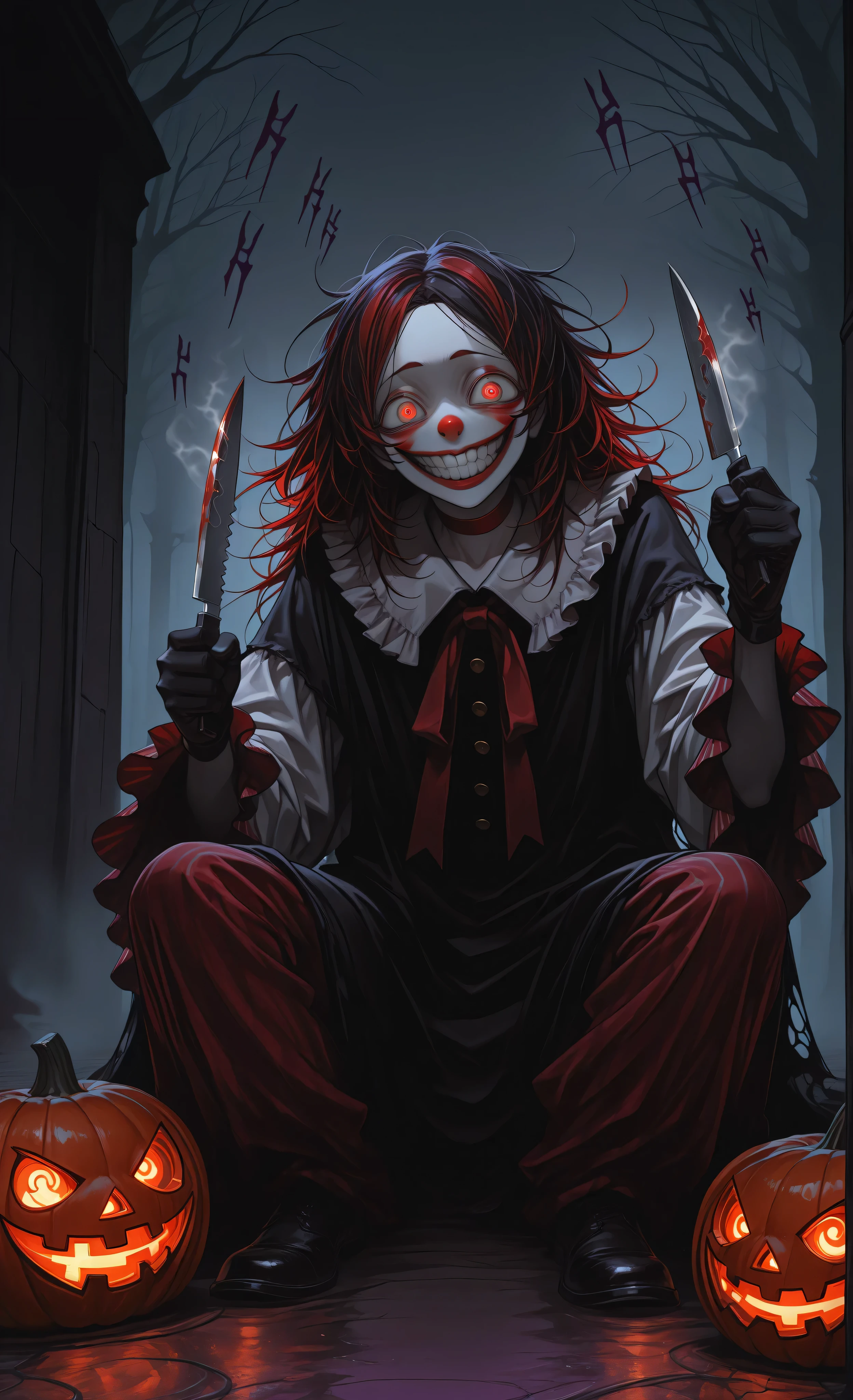 (masterpiece, best quality, 8k, ultra detailed, anime style, horror, cinematic),
A young male clown, fair skin, red and blue styled hair, heterochromatic eyes (one red, one violet),
(insane wide white clown smile:1.5), wearing harlequin outfit with red, blue, and purple panels,
gold buttons, ruffled white collar, red choker, black gloves,
(holding bloody knife:1.6), (menacing pose:1.4),
**(Halloween atmosphere:1.4), (jack-o-lanterns glowing ominously:1.3),**
**(cobwebs in corners:1.2), (foggy ground:1.3),**
setting: (dark horror environment:1.5), shadows, eerie atmosphere,
dramatic lighting with strong shadows, theatrical yet terrifying vibe,
full body shot, unsettling ambiance, psycho clown
