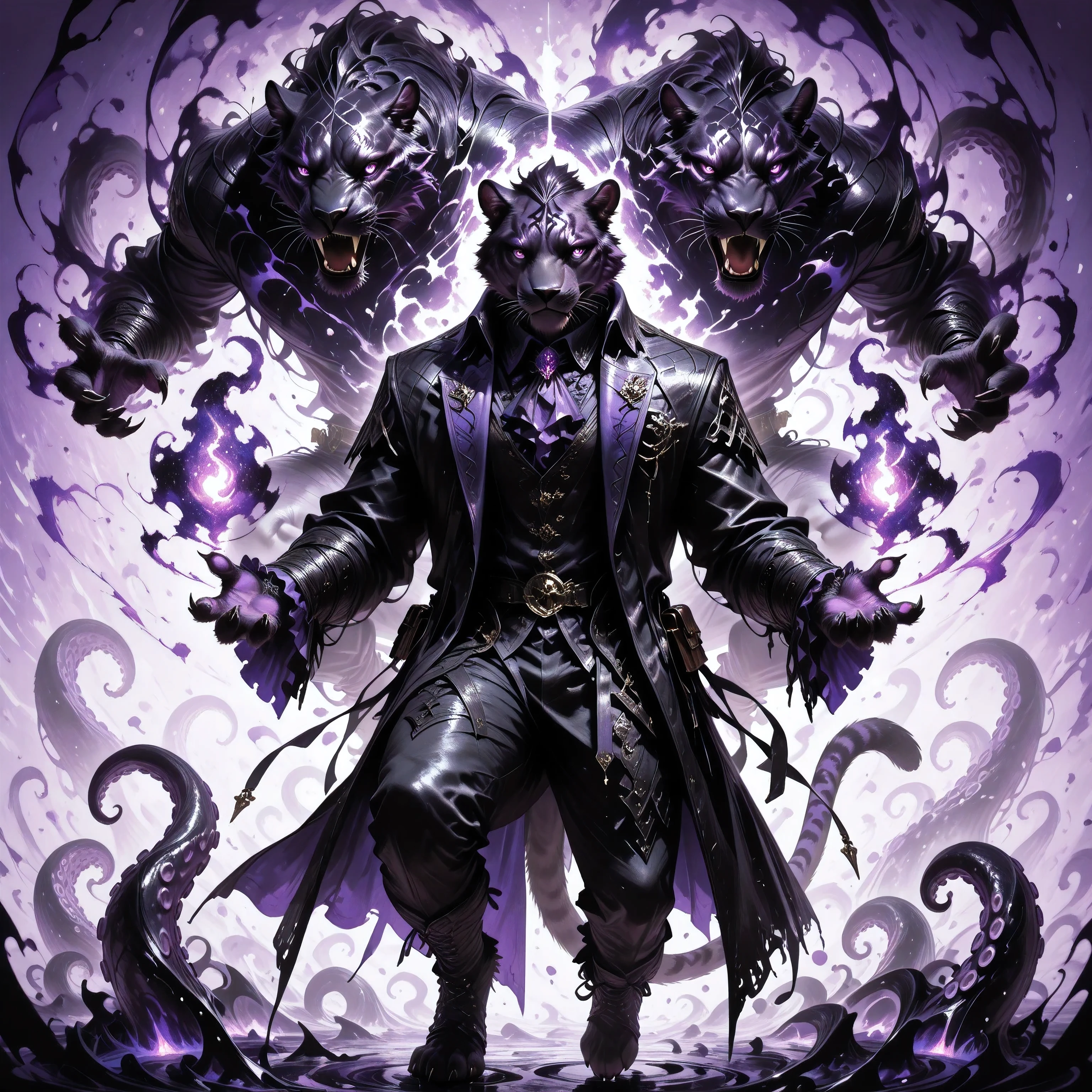 masterpiece, best quality, amazing quality, newest, add detail, sharp focus, no lineart, photorealistic, gradation grading, color contrast, impressionism, muted colors palette, surrealism, anthro, furry, Dark purple Shadowrealm, 1 amorphous panther man, 1boy, tail, tentacles, black and purple, defused light, Cthulu feelings, gothic setting, background: Shadow realm,  
