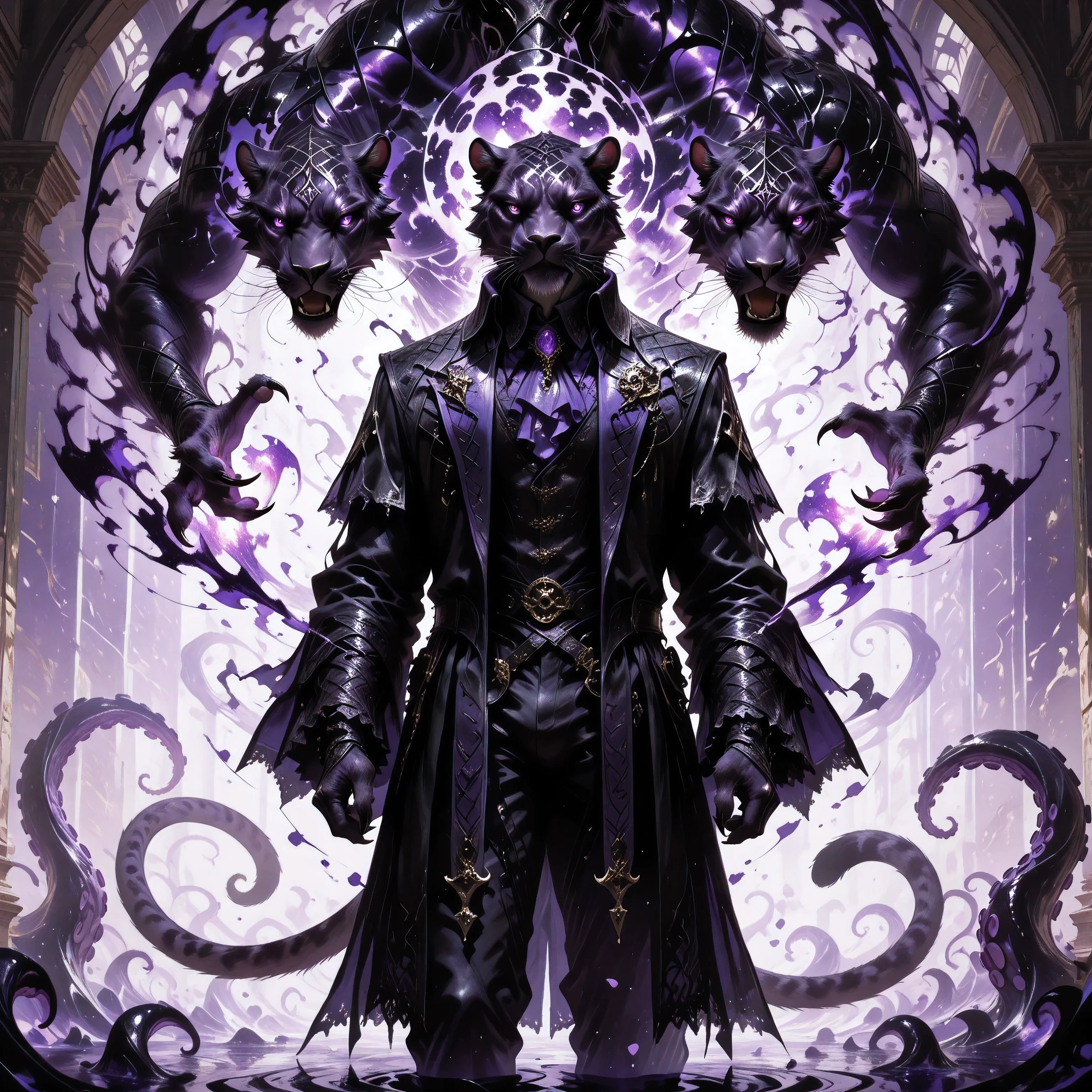 masterpiece, best quality, amazing quality, newest, add detail, sharp focus, no lineart, photorealistic, gradation grading, color contrast, impressionism, muted colors palette, surrealism, anthro, furry, Dark purple Shadowrealm, 1 amorphous panther man, 1boy, tail, tentacles, black and purple, defused light, Cthulu feelings, gothic setting, background: Shadow realm,