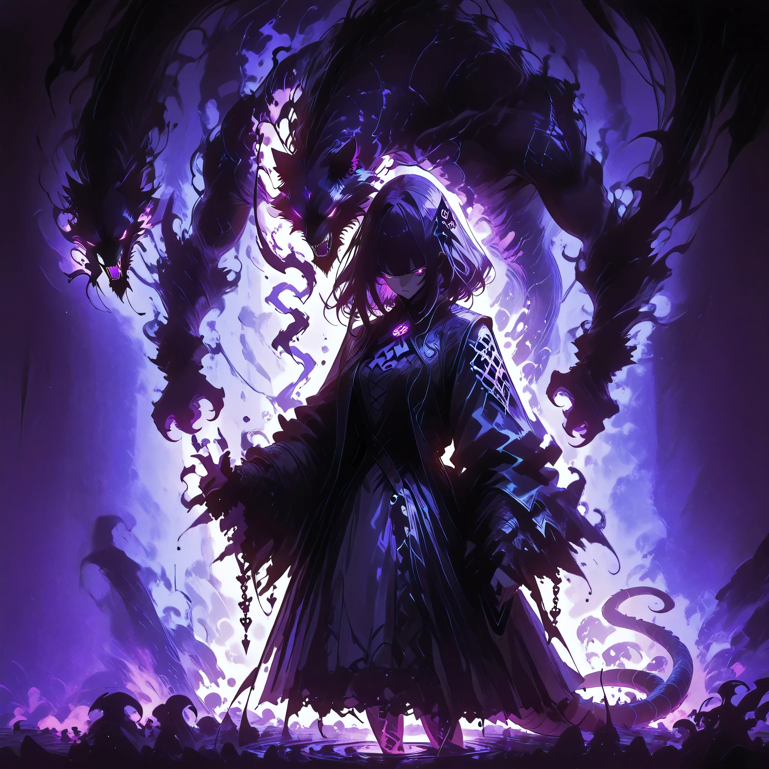 masterpiece, best quality, amazing quality, newest, add detail, sharp focus, no lineart, photorealistic, gradation grading, color contrast, impressionism, muted colors palette, surrealism, anthro, furry, Dark purple Shadowrealm, 1 amorphous panther non-binary, tail, purple hauntedglow,  glowing purple eyes, tentacles, dark aura, black and purple, defused light, Cthulu feelings, gothic setting, background: Shadow realm,  