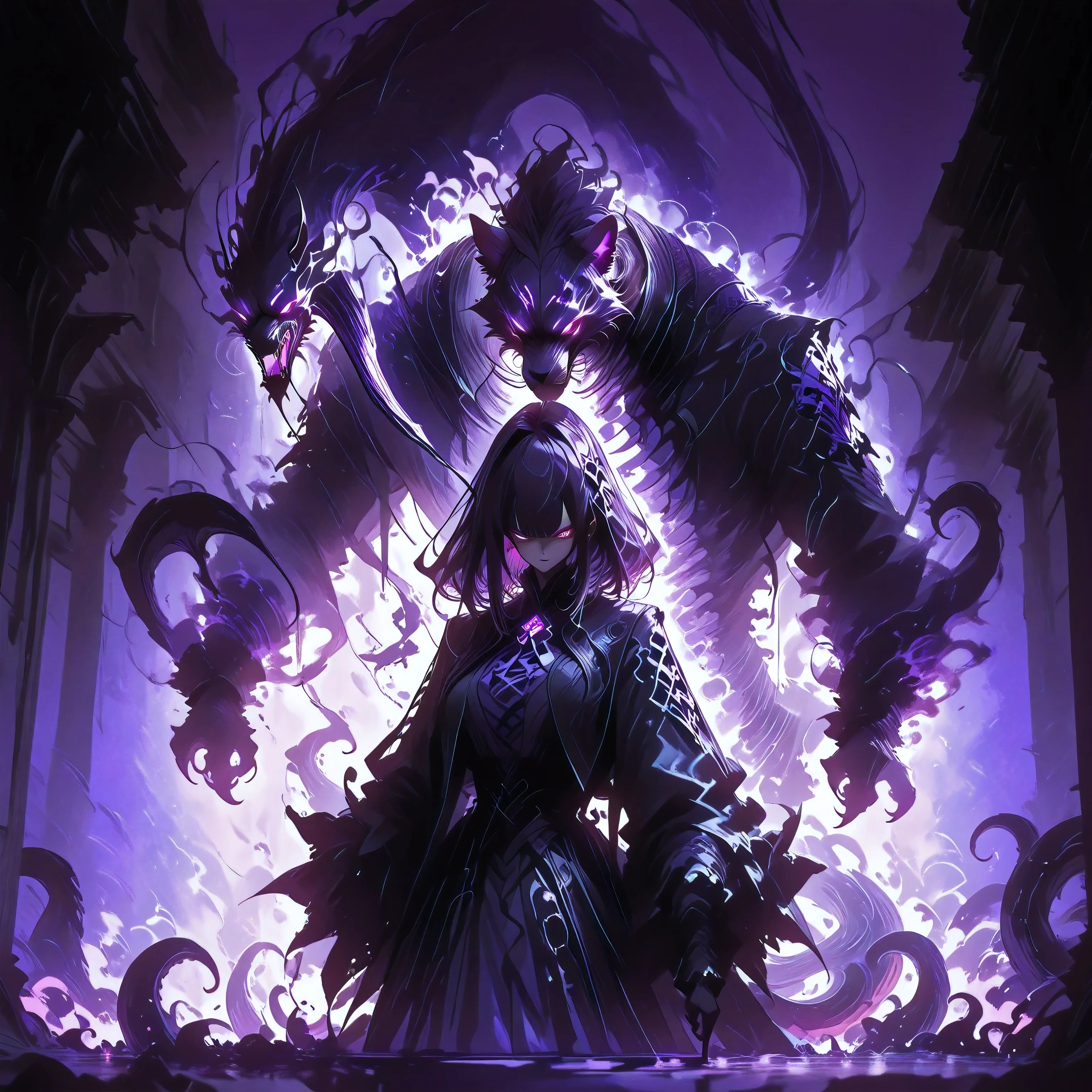 masterpiece, best quality, amazing quality, newest, add detail, sharp focus, no lineart, photorealistic, gradation grading, color contrast, impressionism, muted colors palette, surrealism, anthro, furry, Dark purple Shadowrealm, 1 amorphous panther non-binary, tail, purple hauntedglow,  glowing purple eyes, tentacles, dark aura, black and purple, defused light, Cthulu feelings, gothic setting, background: Shadow realm,  