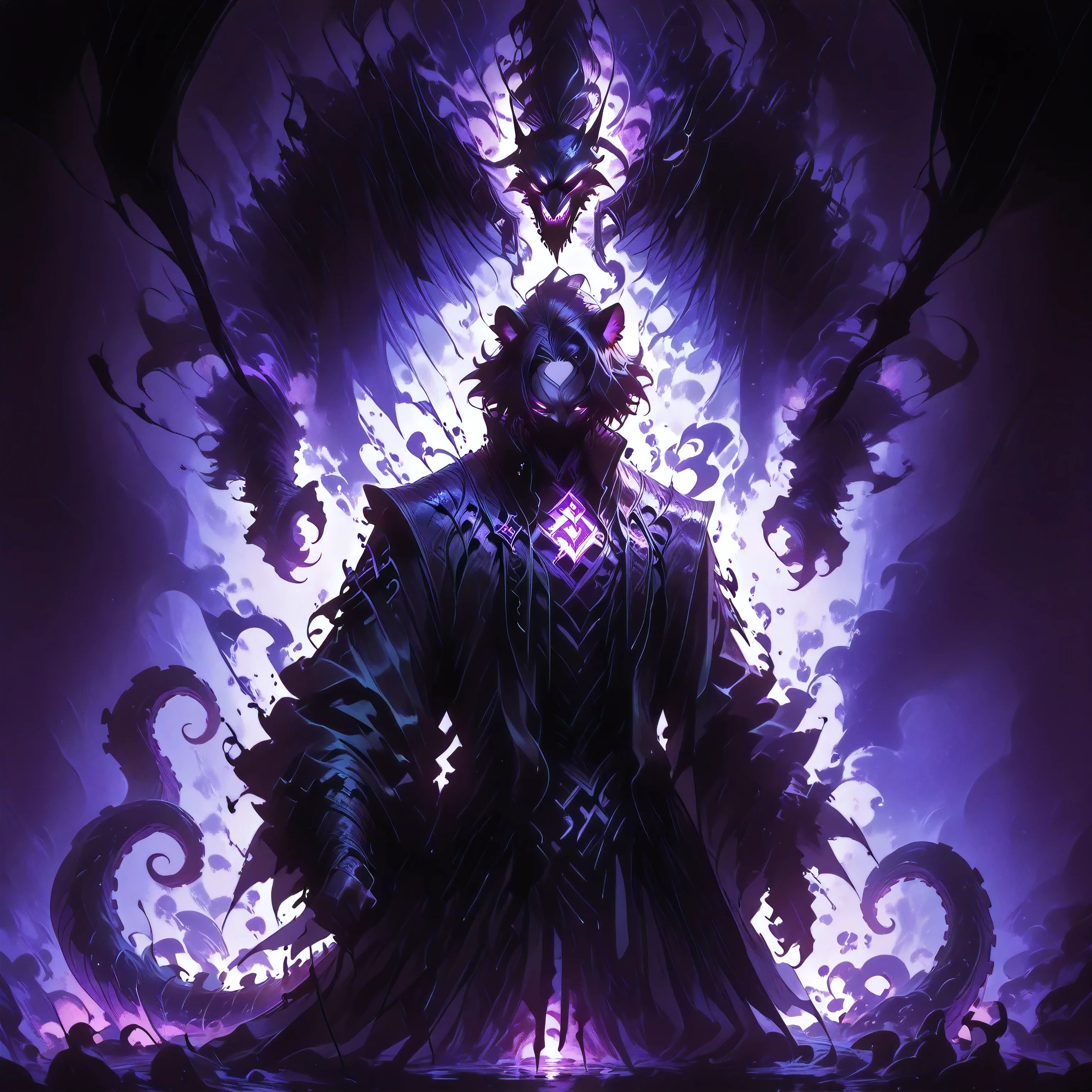 masterpiece, best quality, amazing quality, newest, add detail, sharp focus, no lineart, photorealistic, gradation grading, color contrast, impressionism, muted colors palette, surrealism, anthro, furry, Dark purple Shadowrealm, 1 amorphous panther non-binary, tail, purple hauntedglow,  glowing purple eyes, tentacles, dark aura, black and purple, defused light, Cthulu feelings, gothic setting, background: Shadow realm,  