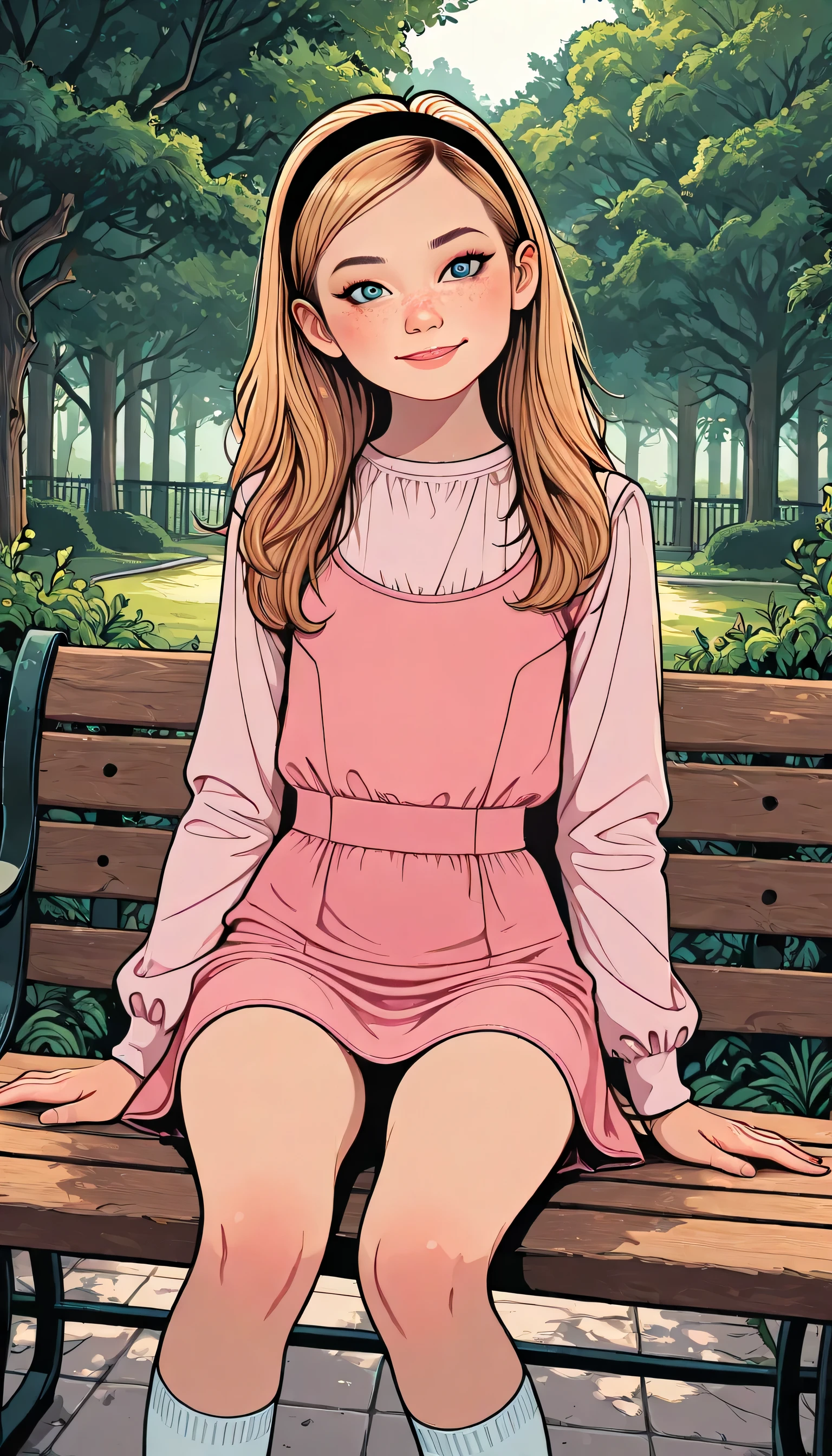 (unit, child, penny peterson), ( highly detailed CG desktop background in 8k resolution),(The main part), (is the best quality), (super details), (The best),( Dan Mumford style ), Rami Cowboy, Dutch corner, sitting on the bench,  with the viewer, looks at the viewer, The perfect face, Perfect eyes, Perfect fingers, traditional media, garden, vegetable cover, outdoors, break , is unique, long hair, blue eyes, Freckles,  blonde hair , short skirt,  hair band , black  hair band , white socks, with, dress, pink dress, long sleeves, arms to the side,  A smile ,  head tilt  