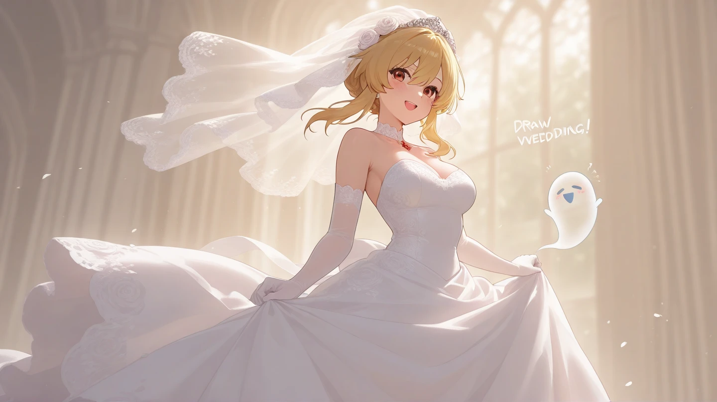 (masterpiece, best quality:1.5), (ultra detailed, high resolution, 8k, beautiful detailed, UHD, best ), 1 cute girl, blonde hair, , wedding dress, bridal veil, flower, wedding hall, Happy face