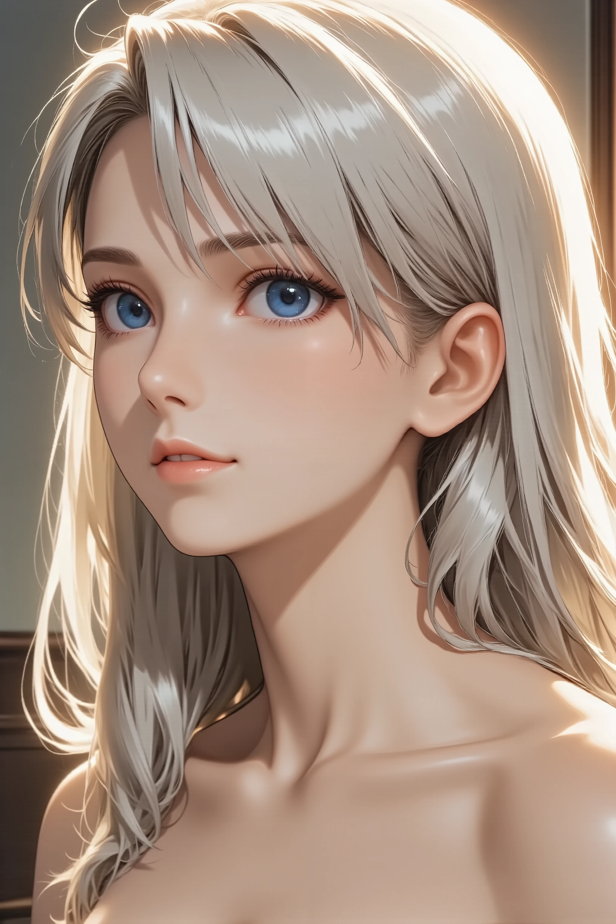 1girl, long hair, light smile, facing up, from side, full body