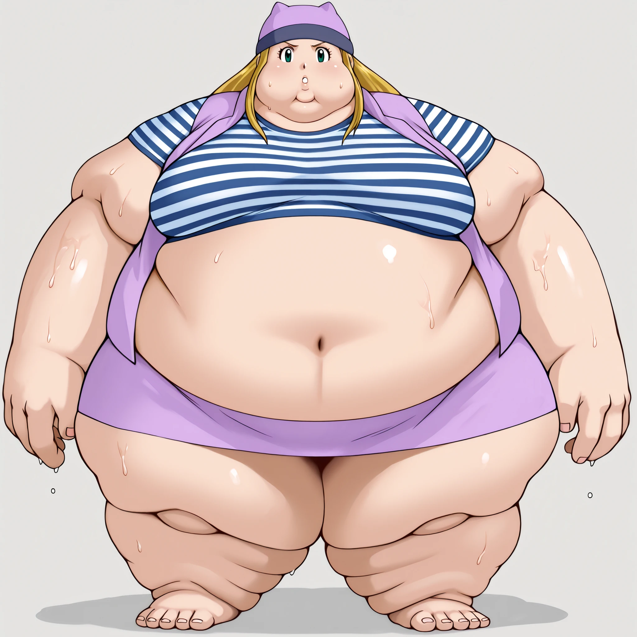 digimon frontier, izumi orimoto, 1girl, blonde hair, solo, striped shirt, green eyes, skirt, long hair, striped, navel, hat, shirt, midriff, looking at viewer, jacket, long jacket, crop top, miniskirt, purple shirt, short sleeves, blank_stare, empty_stare,  fat, chubby, obese, gigantic arms and legs, large breasts, sweating, wet body, swollen face, Fat_neck , Fat head , eyes with crushed cheeks , nose with crushed cheeks , mouth with crushed cheeks , chin roll,
only head, large head, oversized limbs, large hands, large feet, oversized feet, oversized fingers, big lips, plump lips, fat face, fupa, big fupa, fat fupa, 