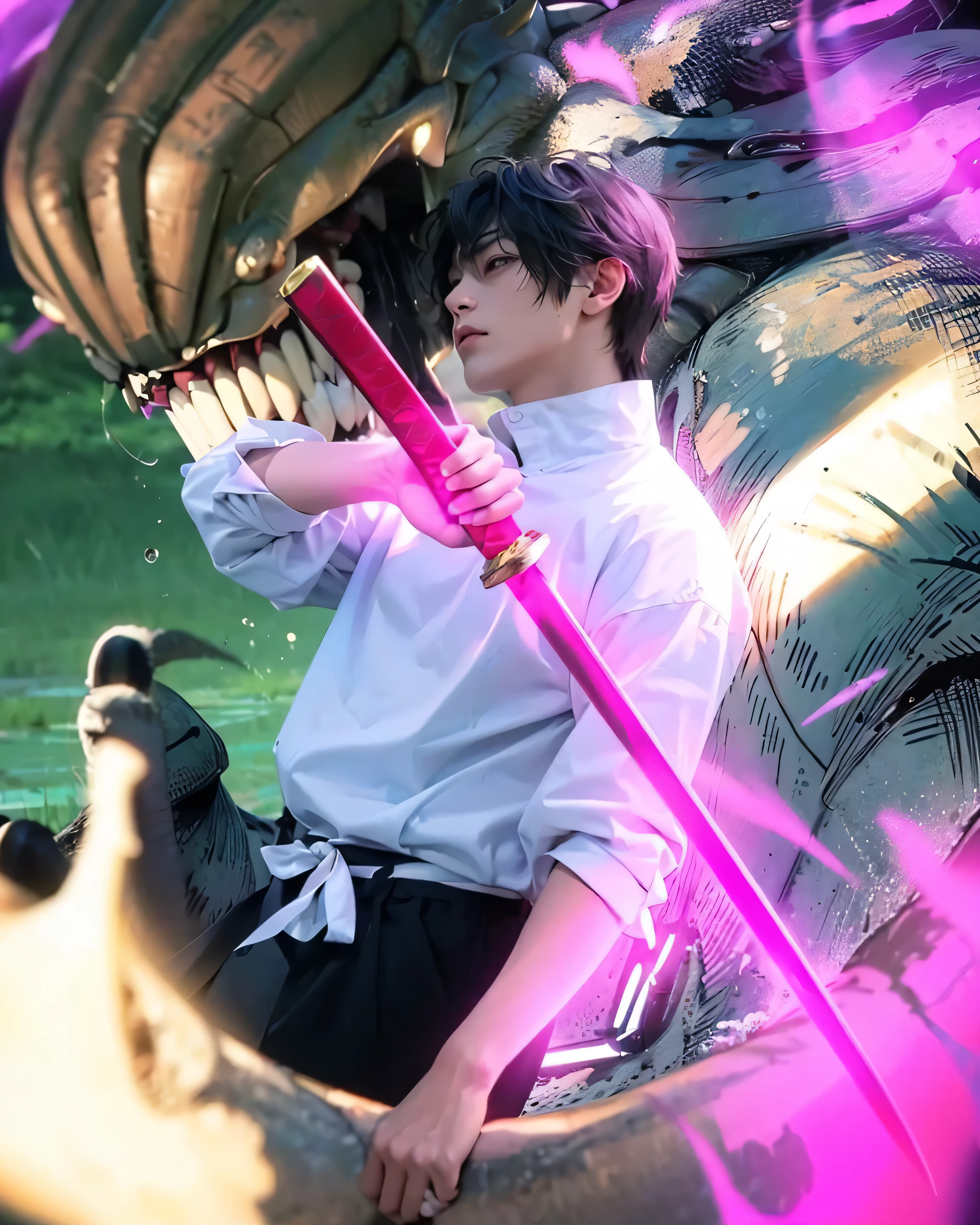 ((YUTA OKKOTSU_JUJUTSU KAISEN 0)) ((photorealistic)),(highlight hair)), Light reflection, (( HD )),((upper body)), (((best quality, masterpiece))), (masterpiece) (best quality) (detail) (8k) (HDR) (wallpaper) (cinematic lighting) (sharp focuasterpiece, best quality: 1.1), Real life adaption of this character, realistic outfit, realistic shadow, realistic light, realism, hyper realistic, realistic background,realistic hair,(photorealistic:1.2), (masterpiece: 1.2), (best quality: 1.3), (clear details: 1.3), ((((ultra-detailed)))), ((detailed eyes)), (extremely detailed face:1.4), (highly detailed eyelash:1.6), (Masterpiece, Best quality, best shadow), (detailed background),(masterpiece, best quality:1.2)(Young Asian male:1.2), (age:1.1), (detailed face:1.3), (black short hair), A young Asian man (ethnicity:1.2), (age:20:1.1), holding a glowing pink katana, centered in the frame, looking towards right side, wearing a white shirt (detailed clothing:1.2), and black pants, (detailed facial features:1.3), with a determined expression (expression:1.2), (muscular body:1.1), in a fighting pose (pose:1.2), with a stylized creature and arms in the background, stylized fantasy digital art, energetic atmosphere, vibrant pink energy effects emanating from the katana, shot with a medium lens, green and brown color palette, detailed character design, dynamic composition, dramatic lighting, artstation quality, 8k resolution, sharp focus.A young Asian individual, likely in their early twenties, stands in the center of the image. They are wearing a white, long-sleeved shirt with a black skirt and a white ribbon tied around the waist. They are holding a glowing pink sword, and their expression is focused, looking off to the side. Behind the person is a large, detailed illustration of a monstrous, semi-mechanical creature with sharp teeth. The background appears to be a blend of green and blue with style effects, including pink energy lines emanating from the sword. The lighti