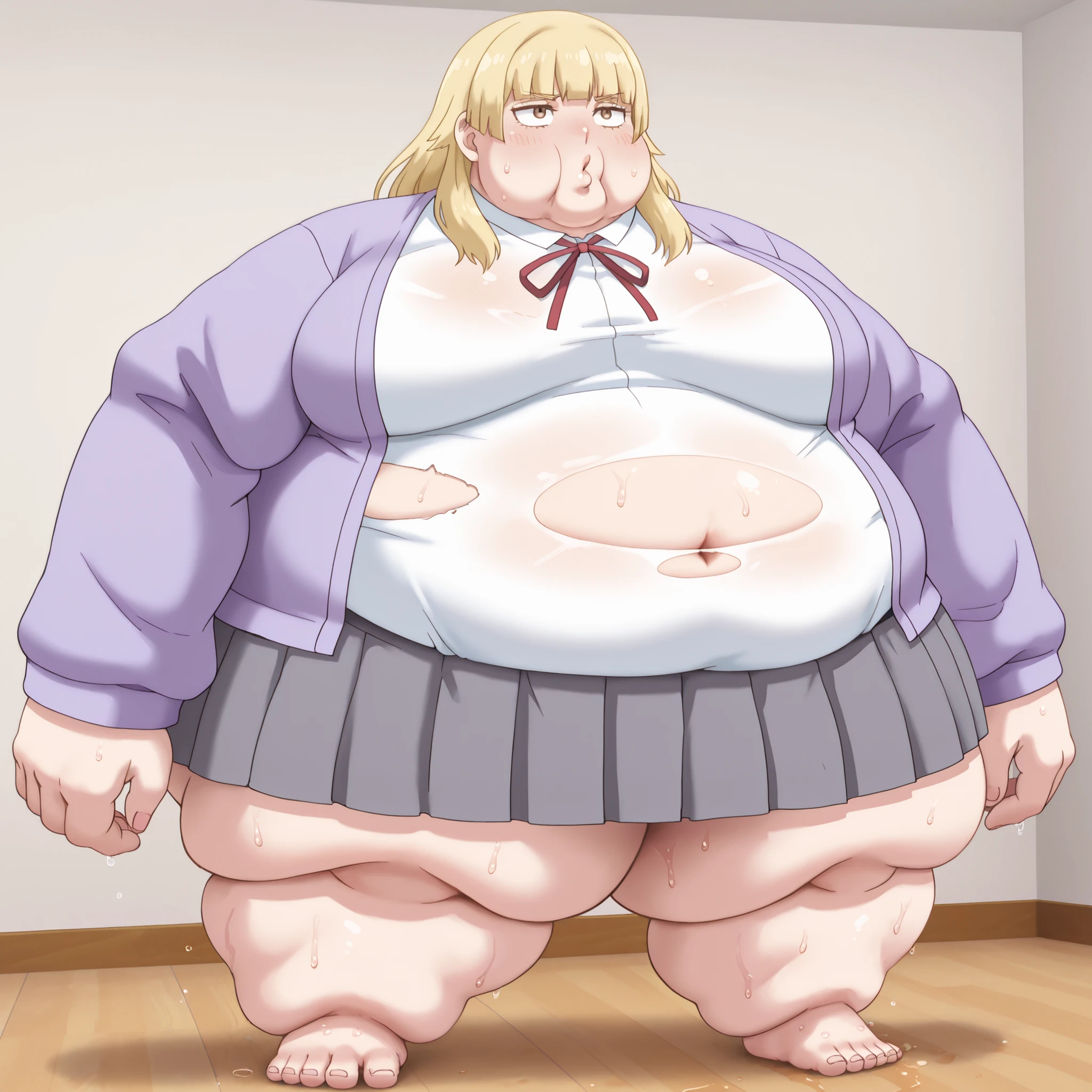 1girl, white shirt, school uniform, brown eyes, skirt, breasts, blonde hair, purple jacket, blank_stare, empty_stare, fat, chubby, obese, gigantic arms and legs, large breasts, sweating, wet body, swollen face, Fat_neck , Fat head , eyes with crushed cheeks , nose with crushed cheeks , mouth with crushed cheeks , chin roll,
only head, large head, oversized limbs, large hands, large feet, oversized feet, oversized fingers, big lips, plump lips, fat face, fupa, big fupa, fat fupa, bursting torn clothes, torn shirt
