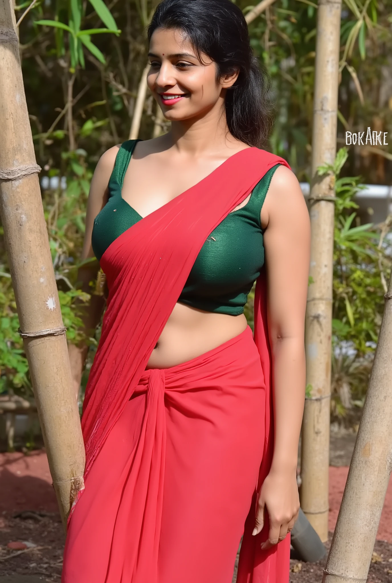 kerala outdoor. Female with chubby face broad jawline,wet black hairs,No make up face,no lipstic lips,, huge voluptuous breast,deep cleavage, curvy,weared dark green cropped sleeveless low neck blouse and red saree with showing deep big navel, hourglass figure,seductive eyes, sultry, look at viewer,standing near bamboo tree. no make up. .watery face.tired chubby face..full size photo.long view. Celebrating holi