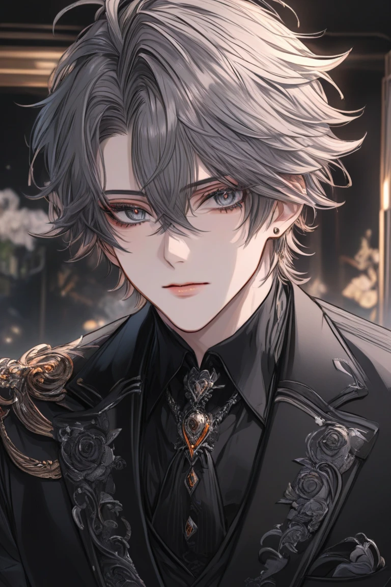 handsome man wearing fancy clothes, portrait, manhwa style, black hair, blue eyes, cool, lighting