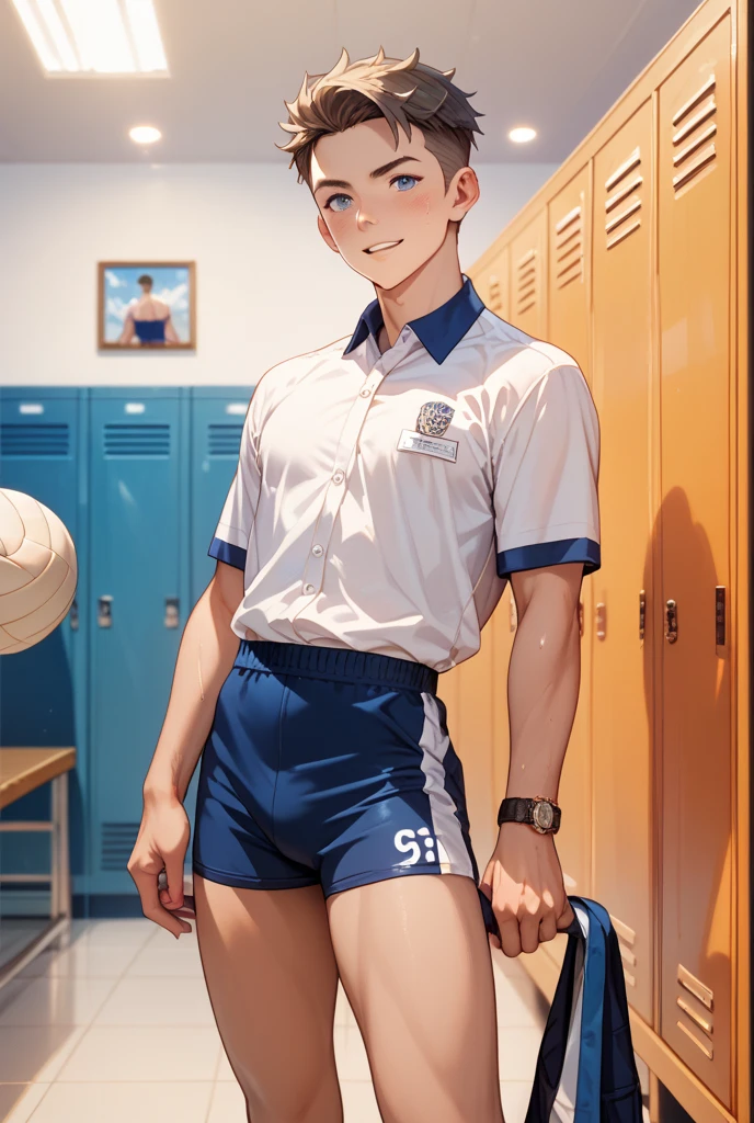 masterpiece, best quality, absurdres, perfect anatomy, 1boy, solo, benny, HaruCheerUniform, sleeveless, blue skirt, smile,  <lora:benny-fnv-richy-v1:0.7>