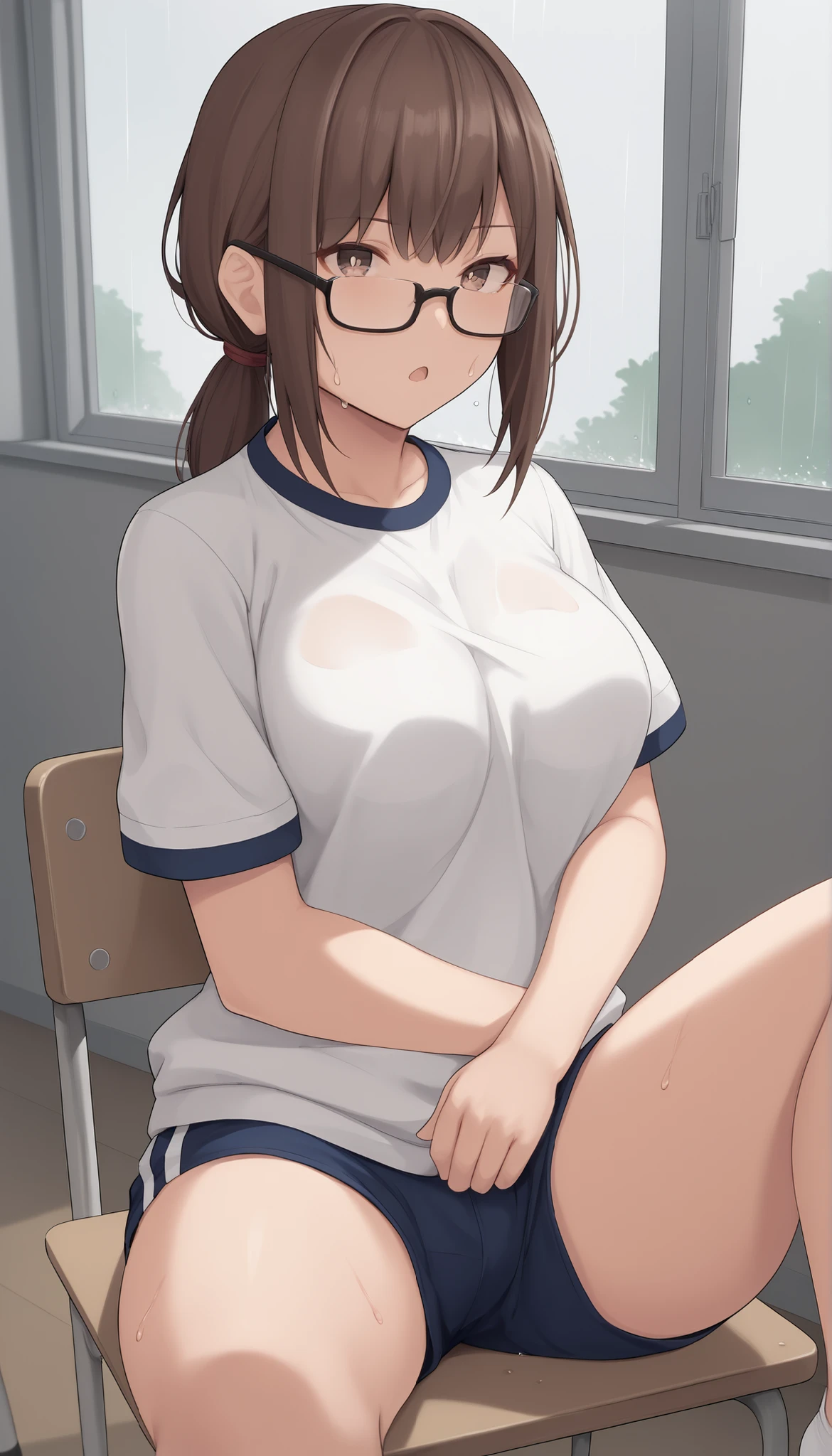 masterpiece, best quality, high resolution, 4K, score_9, score_8_superior, score_7_superior, One young and short girl, from front, dark rainy sky outside the window, overcast, classrooms, By the window, cute face,, Bright Brown Eyes , Small white circle in the eye, wet gym uniform, short sleeves, Glasses, Beautiful, White Skin , Average breasts, flushing face, ashamed expression for medical education, gentle expression holding a deer, Open your mouth, brown hair, low short ponytail hairstyle, bangs, sweaty body, wet body, chair in the building on the edge, open legs,
