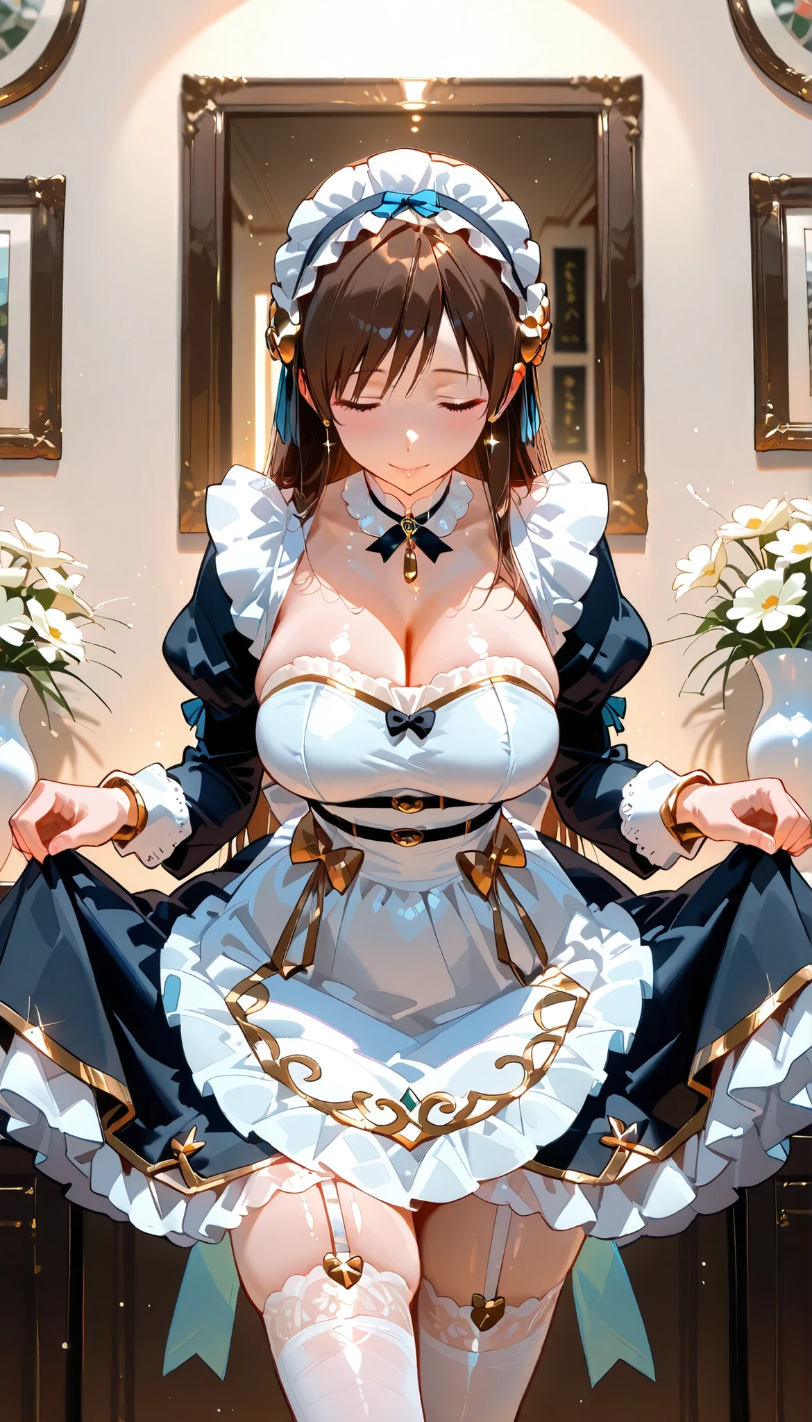 Best Quality, ultra detailed, masterpiece, 8k, 16k, Wallpaper, Anatomically correct, fine detailed skin, fine detailed eyes, fine detailed hair, fine detailed hands, Accurate hands, 1 girl, (nitta minami), solo, maid, medium chest, light-smile, curtsey, bowing, shiny skin, wearing a Victorian maid outfit with ((lots of luxurious gold decorations)), (Apron with gold trim and decoration), gold ribbon, Lace-trimmed thigh-high tights, (Flowers on the wall, Flowers in a vase, many frowers), dazzlin Lighting, Flowers in a vase, Solemn atmosphere, Colorful light particles, Depth of Field, bokeh, moya, lens flare, film reflections, distortion, glitter effect,