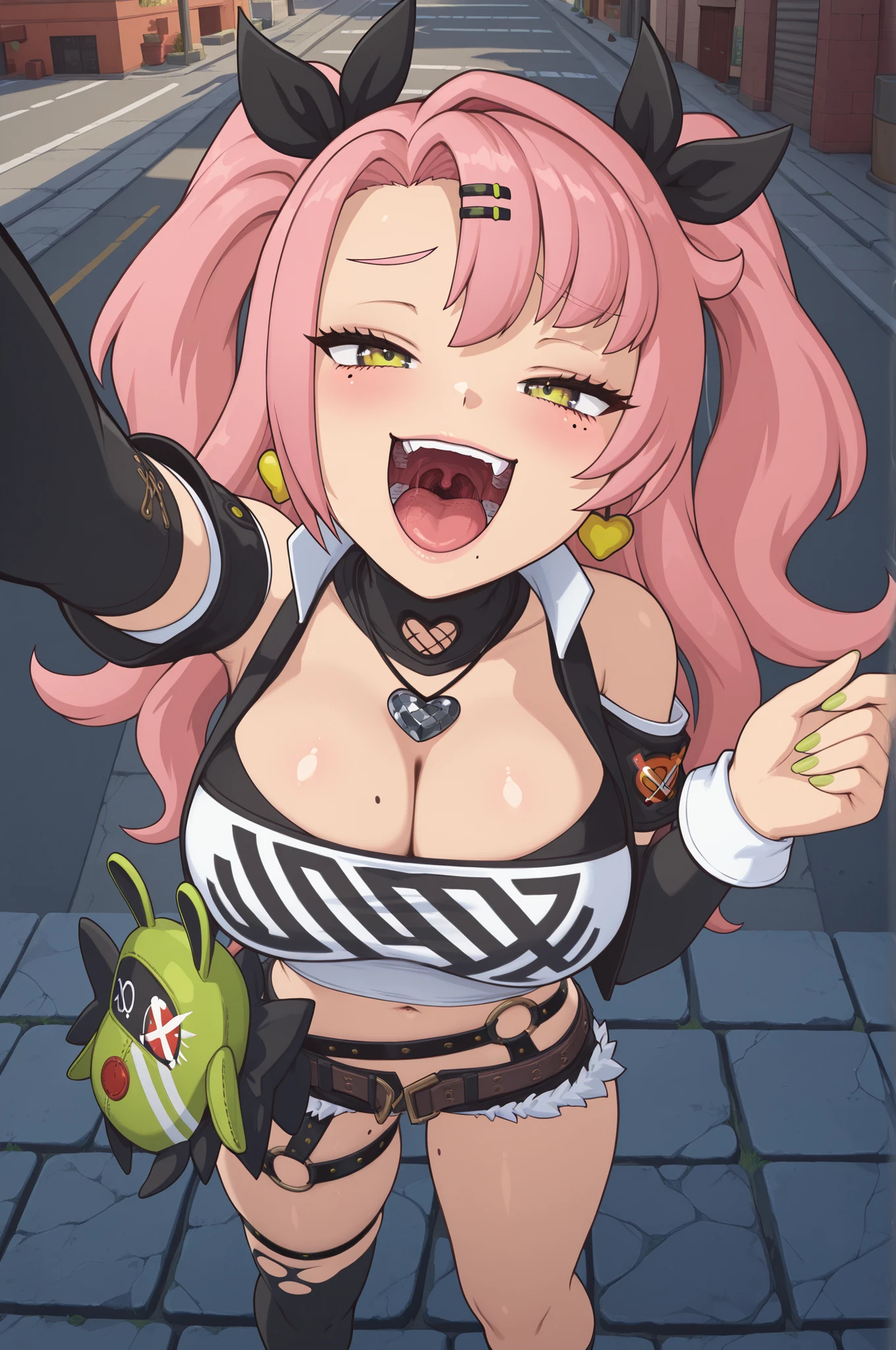 Nicole Demara, outdoors, 1girl, solo, reaching out with one arm, half-lidded eyes, pink hair, hair ornaments, two ponytails, multi-colored eyes, yellow eyes, earrings, Big breasts, thick legs collar, necklace, black and white shirt, cleavage, midriff, shoulder cut, detached sleeves, micro shorts, belts, mole under eye, mole on breast, mole on thigh, one thigh high, ragged thigh high,