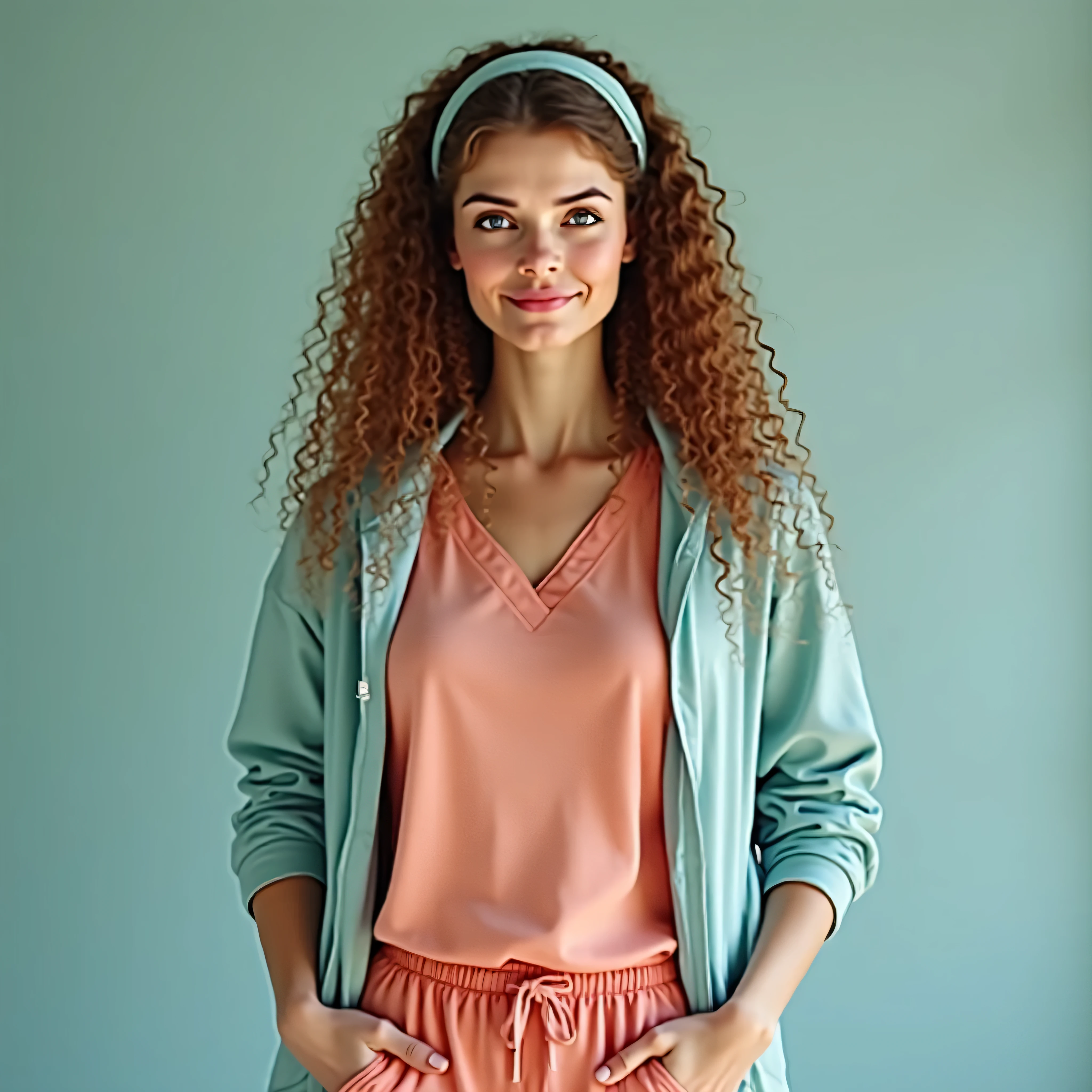 A realistic, high resolution photograph of a beautiful Caucasian woman in her 30's; full body frontal view facing the camera with her arms at her side, looking at the camera. There is extra space in the photo above her head. She has lithe, athletic, fashion model figure with medium rounded, uplifted breasts, large hips, and a slim waist. She has long caramel brown hair in tight ringlet curls with a middle part and a light green plastic hairband that holds her hair behind her ears. Her hair does not cover her ears. She has a perfect, beautiful face, a small nose, a short, thick neck and ears that lay close to her skull. She has grey eyes and a ivory complexion. Her lips are closed and she has a somewhat mischievous smirk. She is wearing a a set of salmon coloured cotton masseuse's scrubs and an open baby blue hoodie. The rounds of her breasts are well defined beneath her clothing and you can see a bit of cleavage. There is no one else in the photo. There is extra space above the subject’s head and centered composition — suitable for magazine-style layout or cinematic framing.