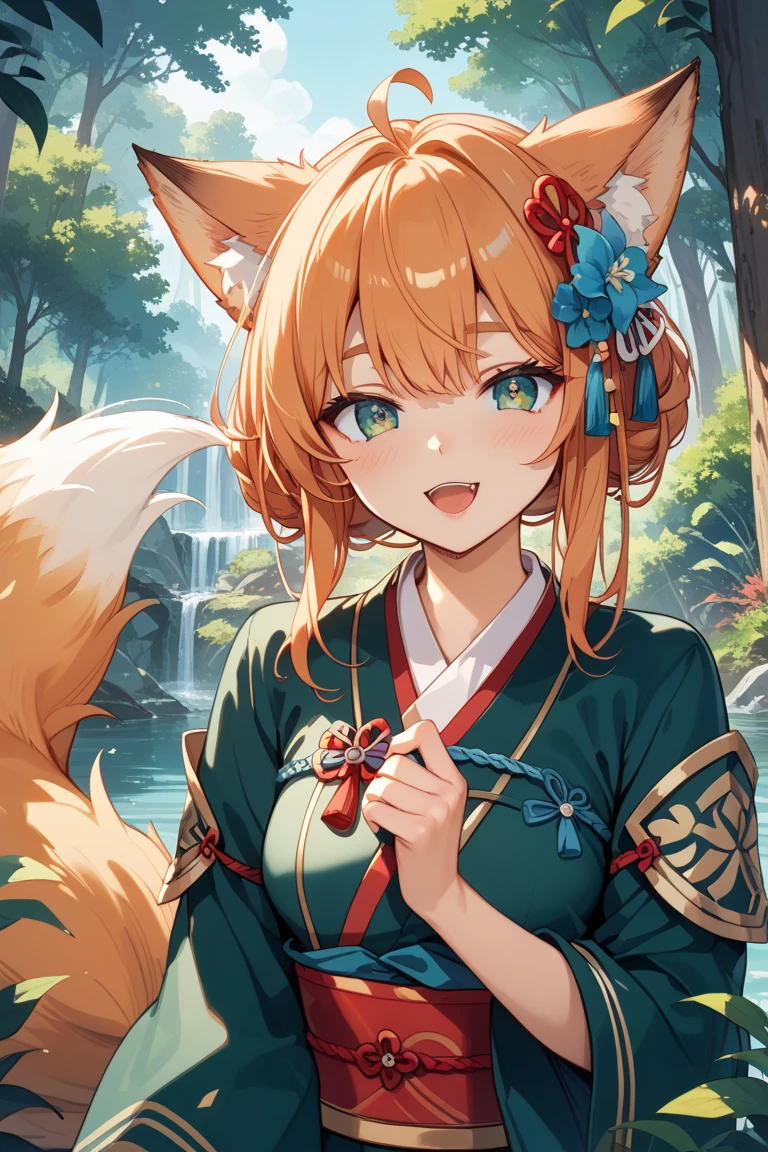 high_quality, 4k, masterpiece, 1girl, solo, shoulder-length auburn hair, green eyes, middle_aged, nine-tailed Kitsune, Kimono dress, light blush, fair-skinned, looking_at_viewer, indoors