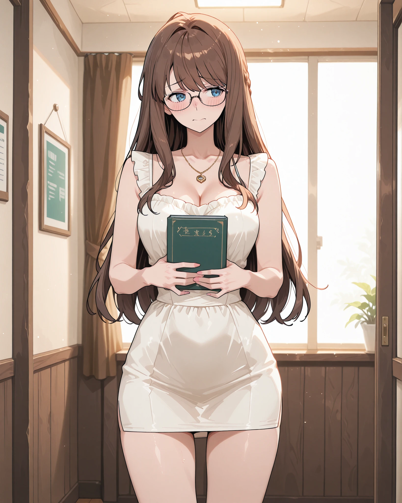 Shy,  her teacher wearing glasses, Her waist is slim，A graceful figure, She's wearing a necklace around her neck, She's wearing a sleeveless white mini dress, She's standing in the room, She's holding a book、super long hair
