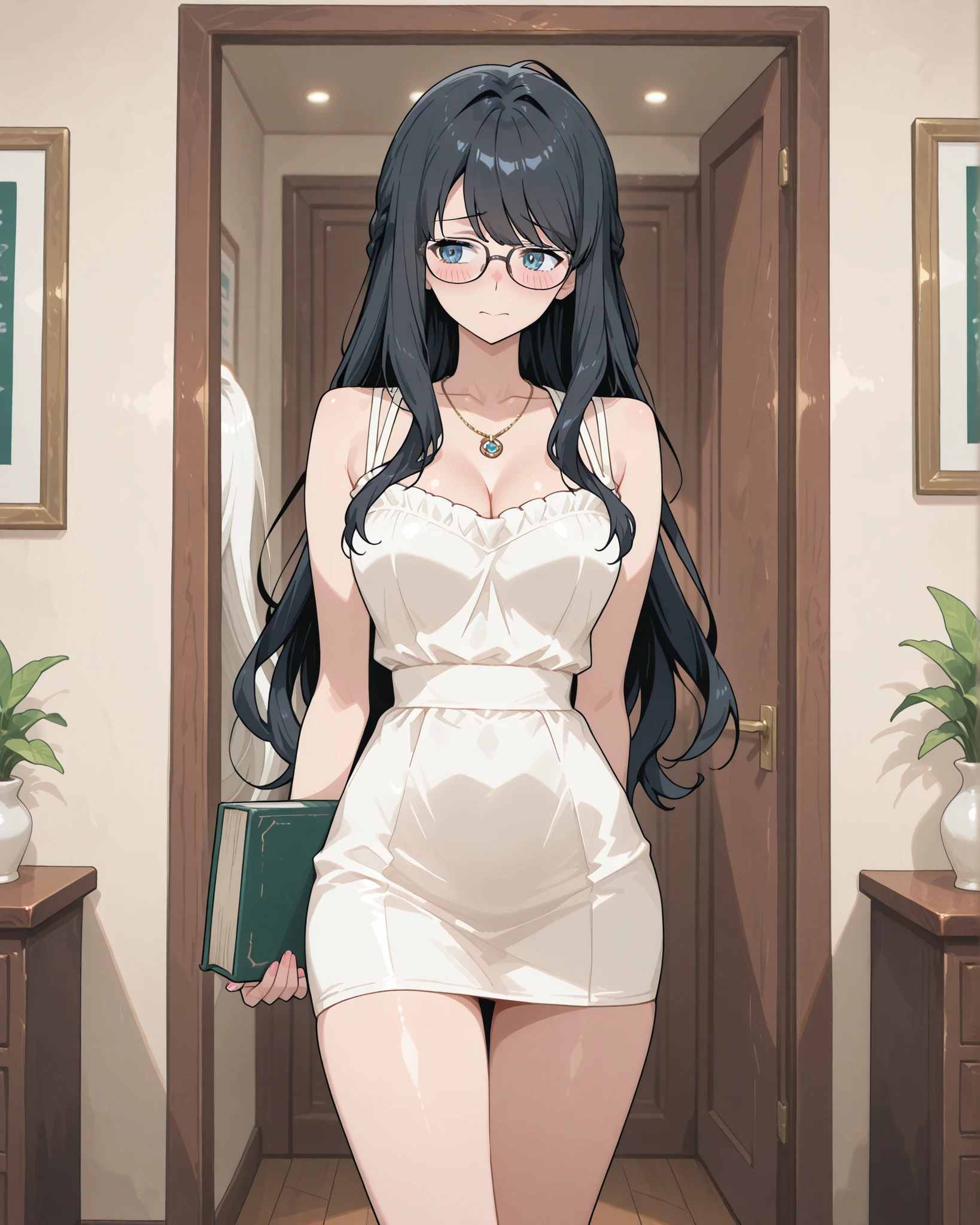 Shy, her teacher wearing glasses, Her waist is slim,A graceful figure, She's wearing a necklace around her neck, She's wearing a sleeveless white mini dress, She's standing in the room, She's holding a book、super long hair