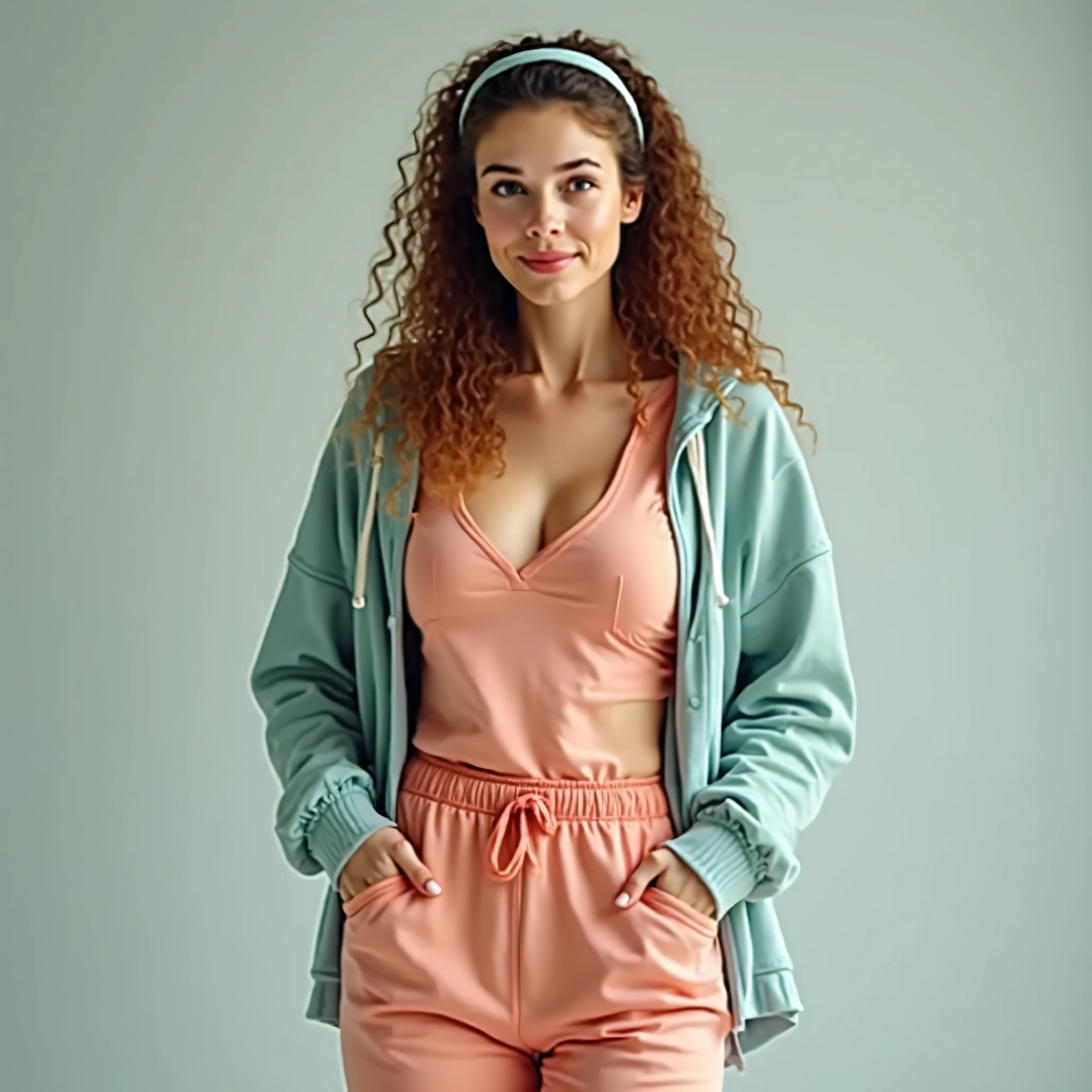A realistic, high resolution photograph of a beautiful Caucasian woman in her 30's; full body frontal view facing the camera with her arms at her side, looking at the camera. There is extra space in the photo above her head. She has lithe, athletic, fashion model figure with medium rounded, uplifted breasts, large hips, and a slim waist. She has long caramel brown hair in tight ringlet curls with a middle part and a light green plastic hairband that tightly pulls her hair back so her ears are uncovered. Her hair does not cover her ears. She has a perfect, beautiful face, a small nose, a short, thick neck and ears that lay close to her skull. She has grey eyes and a ivory complexion. Her lips are closed and she has a somewhat mischievous smirk. She is wearing a a set of salmon coloured cotton masseuse's scrubs and an open baby blue hoodie. The rounds of her breasts are well defined beneath her clothing and you can see a bit of cleavage. There is no one else in the photo. There is extra space above the subject’s head and centered composition — suitable for magazine-style layout or cinematic framing.