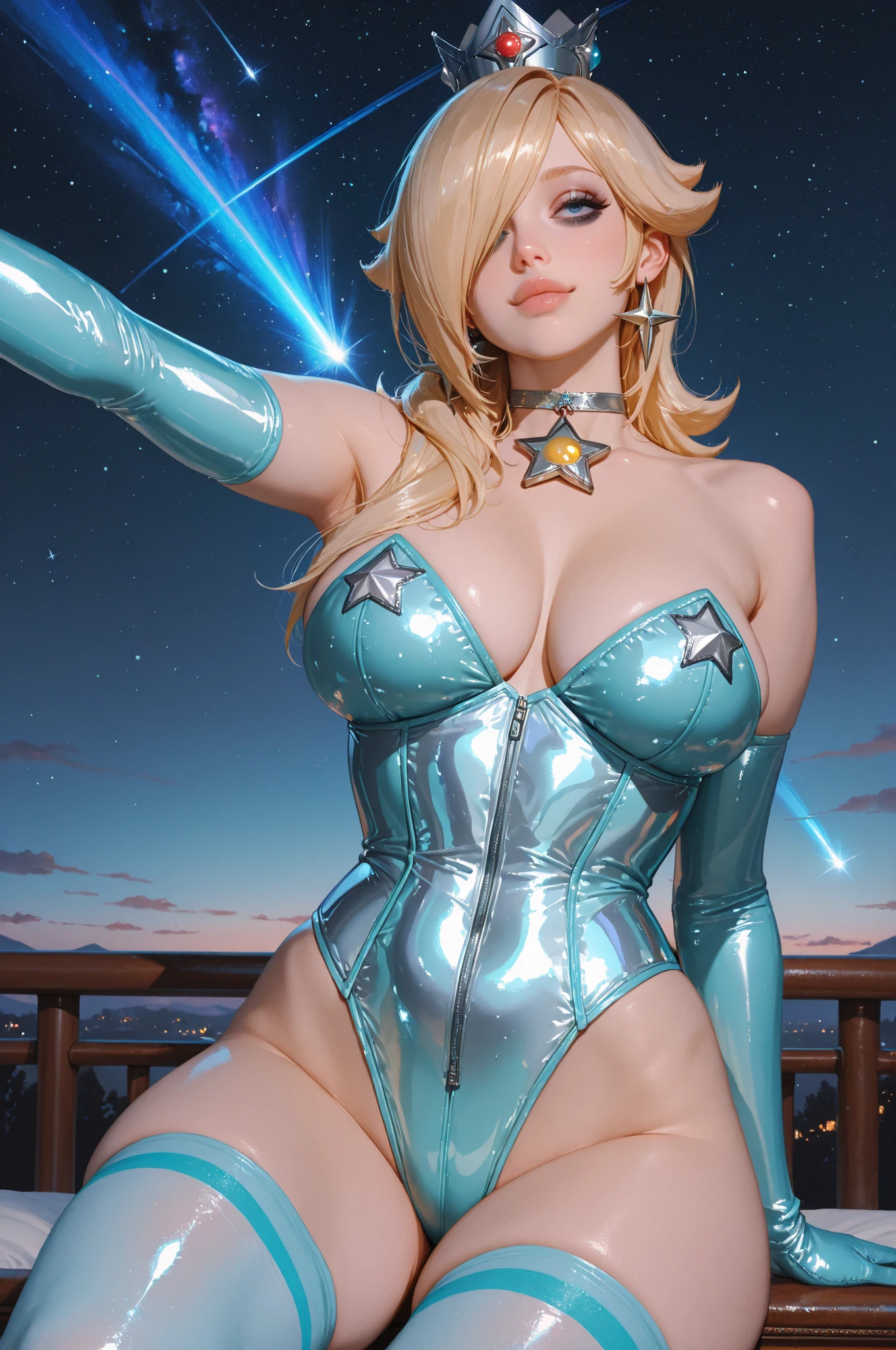 ((Princess Rosalina from super mario bros series))(she has big glowing blue eyes)(bright red lips) ((long blonde hair))(((long bangs hide one eye)))(dark eyeshadows make up)((very ????????????)) (perfect slim body), (crown), ((posing ???? in cosmic castle)) (masterpiece, high definition, volumetric lights and dinamic shadows)((masterpiece))(8k)(perfect face)(ultra details) (perfect hands, eyes, and face) (luma star flying around), (((????????????????))),  (((blue ???????????????))), (((full body)))