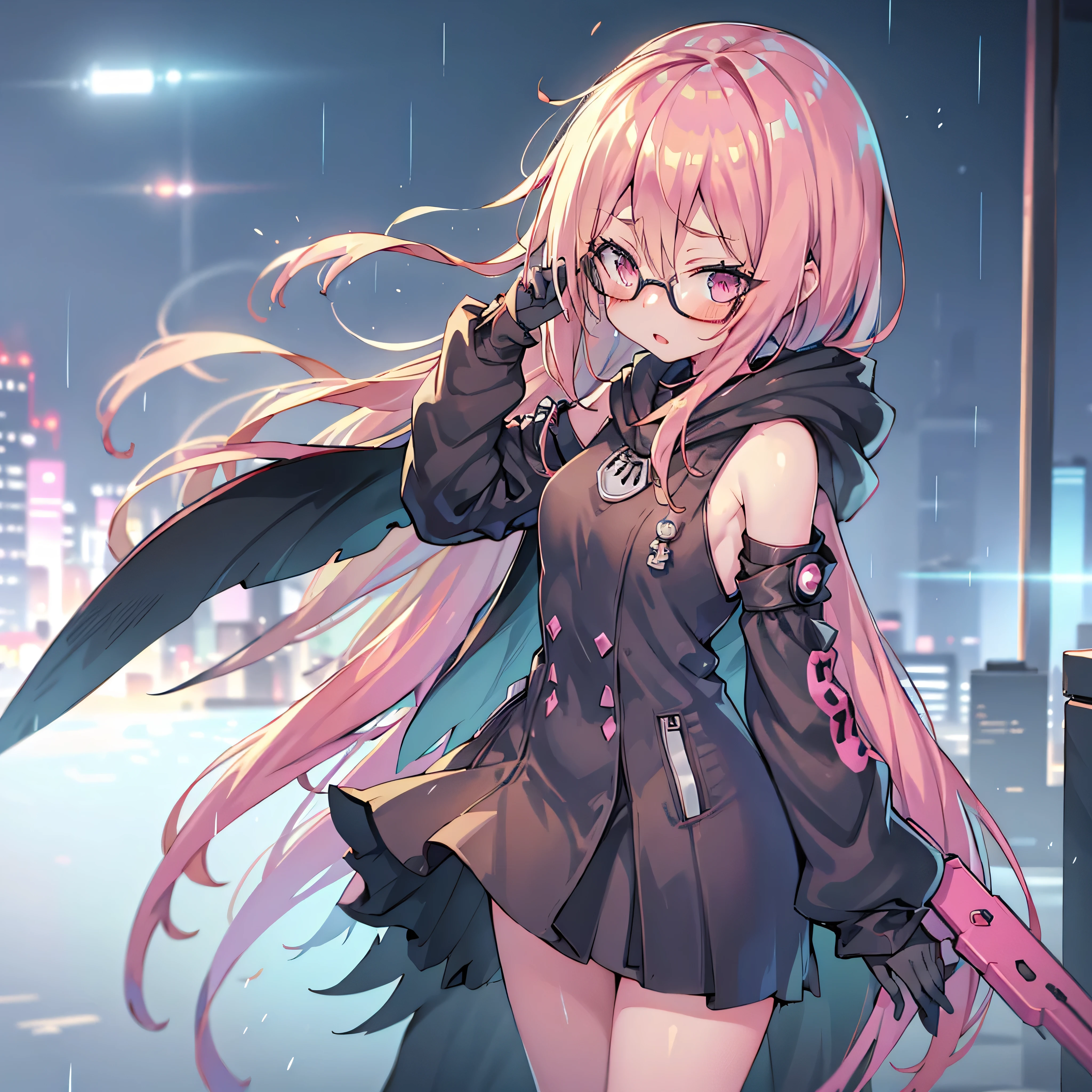 Anime girl with pink hair and glasses in the rain, oppai cyberpunk, cyberpunk anime girl in hoodie, Cool Anime 8K , cyberpunk anime girl 4K konachan, cyberpunk anime art, cyberpunk anime girl , cyberpunk anime art, female cyberpunk anime girl , {{x}}, digital cyberpunk anime art, 4k anime style, Modern Cyberpunk Anime, 4k anime wallpaper