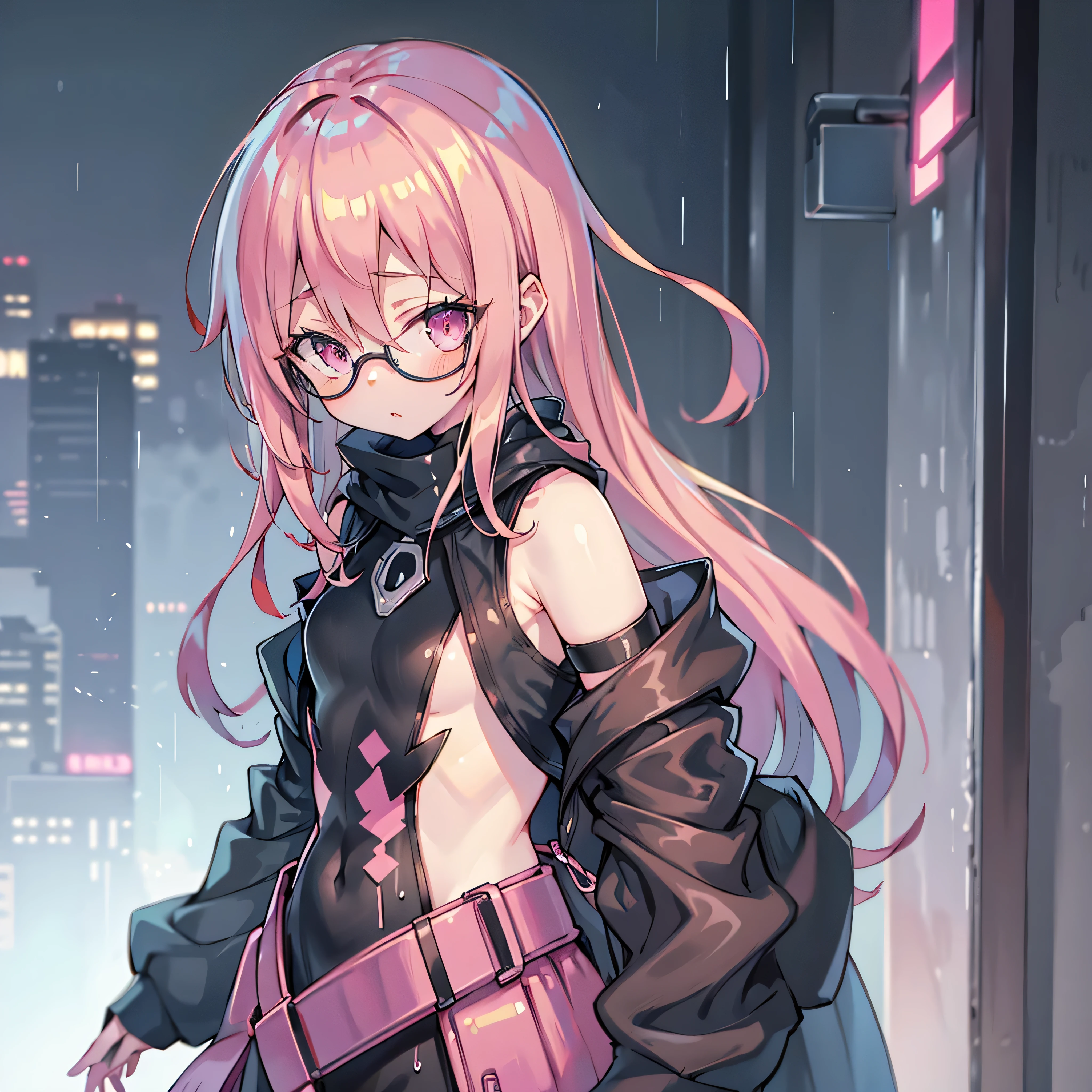Anime girl with pink hair and glasses in the rain, oppai cyberpunk, cyberpunk anime girl in hoodie, Cool Anime 8K , cyberpunk anime girl 4K konachan, cyberpunk anime art, cyberpunk anime girl , cyberpunk anime art, female cyberpunk anime girl , {{x}}, digital cyberpunk anime art, 4k anime style, Modern Cyberpunk Anime, 4k anime wallpaper