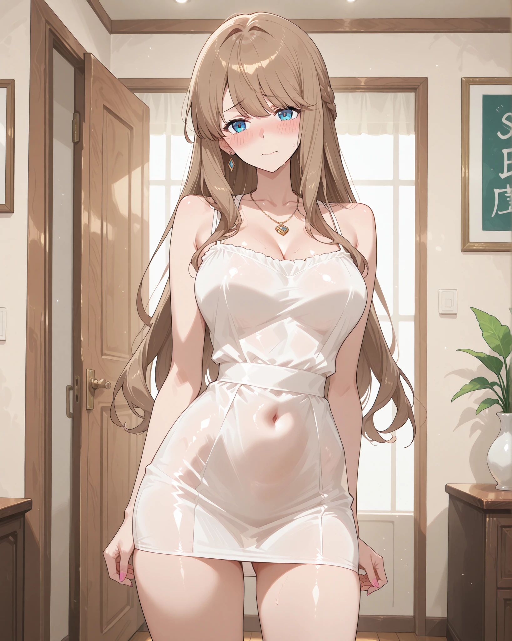 Shy,  Lively  Teacher, Her waist is slim，A graceful figure, She's wearing a necklace around her neck, She is wearing a sleeveless white translucent mini dress, She is in the room, Pose Natural、super long hair