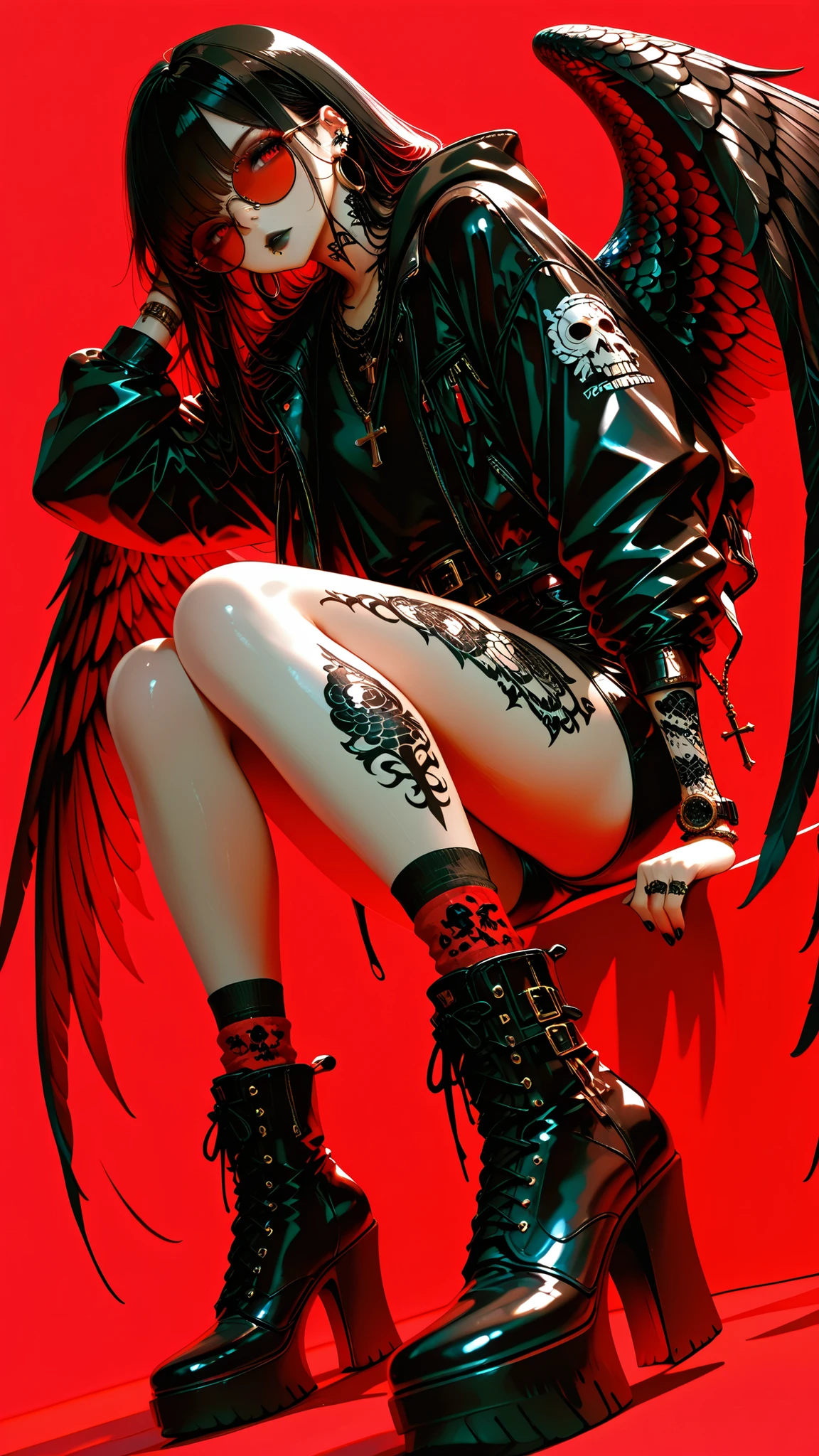 Masterpiece, best quality, amazing quality, latest, very aesthetic, absurd, (scale: 1.4), 8k, good anatomy, good shading, super detailed, exquisite details, high resolution, HD, masterpiece, 4ur4_illu, brilliant, XUER guangying, 748 cm in style, Lhata4564_illu. (photorealistic: 1,2), (illustration:1,3), high resolution, clear focus, soft lighting, an older girl, 1 year old, red eyes, wings, long hair, black hair, parted lips, ear piercing, wings with feathers, hand behind head, eyelashes, flowing hair, lips, hand in hair, disheveled hair, earrings, boots, hood, hoodie, glasses, shorts, watch, long sleeves, bracelet, socks, jacket, hoop earrings, black-rimmed glasses, round glasses, cross-laced shoes, lip piercing, lace-up boots, shirt, necklace, eyebrow piercing, short shorts, ring, high-heeled boots, nose piercing, bracelet, shoes, stands, looks at the viewer, hand in pocket, punk, solo, down jacket hood, open clothes, piercing, red background, shades of gray on a colored background, simple background, dot color, monochrome, red theme, bottom, Dutch perspective, limited palette, inscriptions on clothes, tattoos, jewelry, neck tattoos, black shoes, wristwatches, arm tattoos, black hoodie, leg tattoos, raised arm, lace, between legs, arm tattoos, flower tattoos, black jacket, boots with belt, black shorts, leather, closed mouth, black lips, black nails, (medium color), tesun (pus).