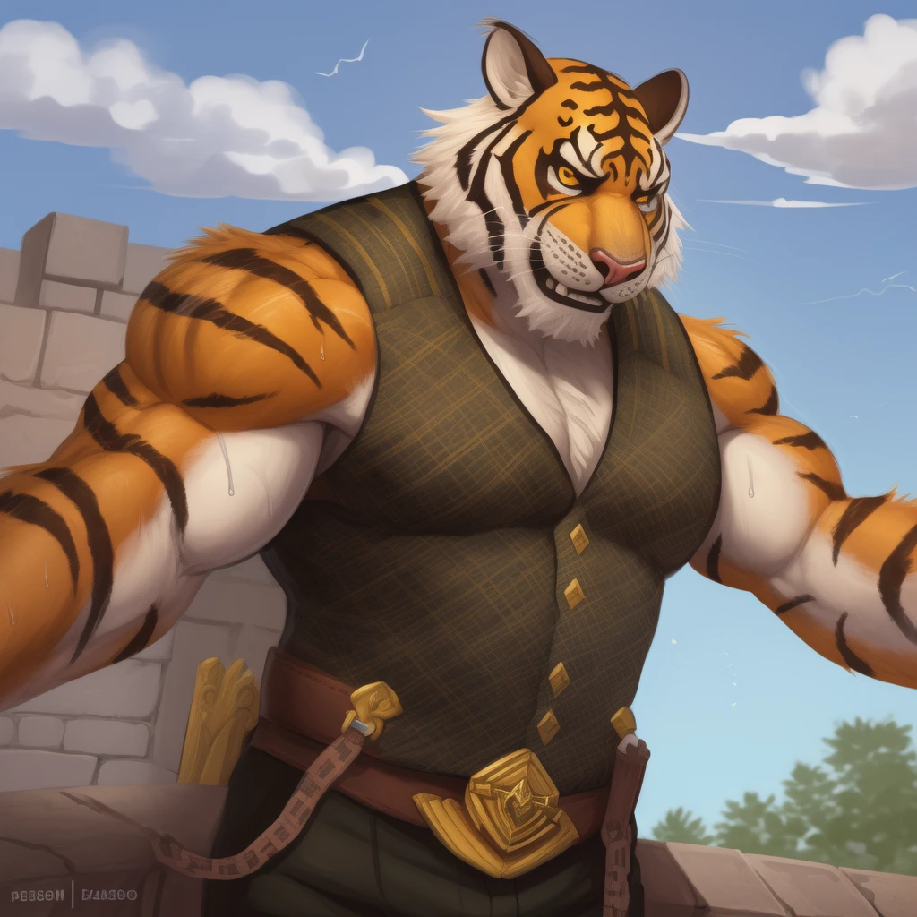 masterpiece, best quality, 8k resolution, Very detailed, hairy，tiger，((red hair))，muscle，Strong，超大muscle，((Sweating))，(((Purple Eyes)))，For the audience，(((Ancient times)))，portrait，((()))，(Highest quality scene)，(((crotch cloth)))，(((grassland)))，(((Vigilant)))，(((Hip bulge)))，(((Ultra clear eyes))，(((long fangs)))，((Solitary))，((whole body))，(((Sunlight)))，(((Standing)))，((Mature))，(((Uncle)))，(((Orange fur)))