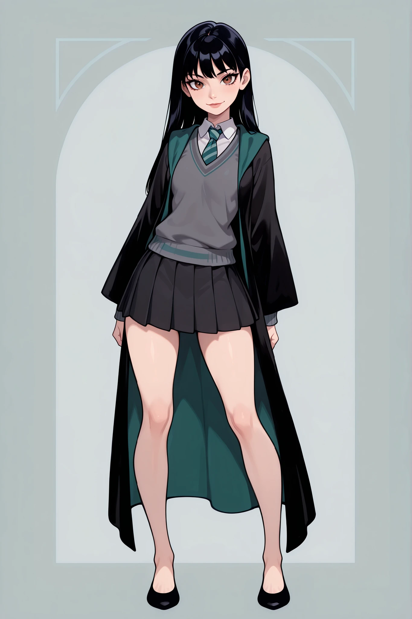 score_9, score_8_up, score_7_up, best quality, masterpiece, 4k resolution, 1girl, solo, youthful, beautiful, full body, long straight hair, straightened hair, pitch black hair, brown eyes, sharp eyes, looking at viewer, elegant posture, bare legs, smooth body, clean skin, hogwarts uniform, slytherin, black robe, necktie, striped necktie, collared shirt, sweater, pleated skirt, grey sweater, flats, ballet shoes, black shoes, vibrant expression,