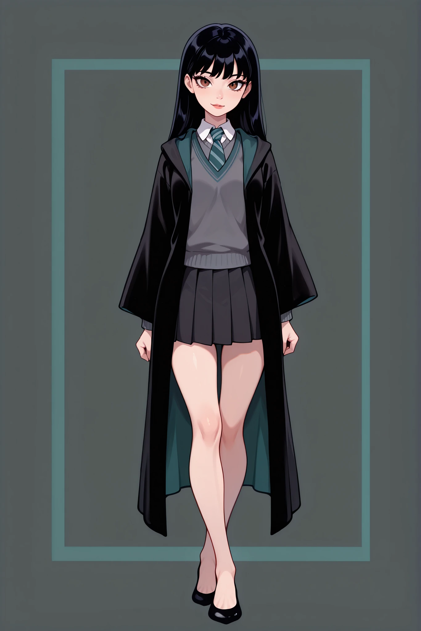 score_9, score_8_up, score_7_up, best quality, masterpiece, 4k resolution, 1girl, solo, youthful, beautiful, full body, long straight hair, straightened hair, pitch black hair, brown eyes, sharp eyes, looking at viewer, elegant posture, bare legs, smooth body, clean skin,  hogwarts uniform, slytherin, black robe, necktie, striped necktie, collared shirt, sweater, pleated skirt, grey sweater, flats, ballet shoes, black shoes, vibrant expression,
