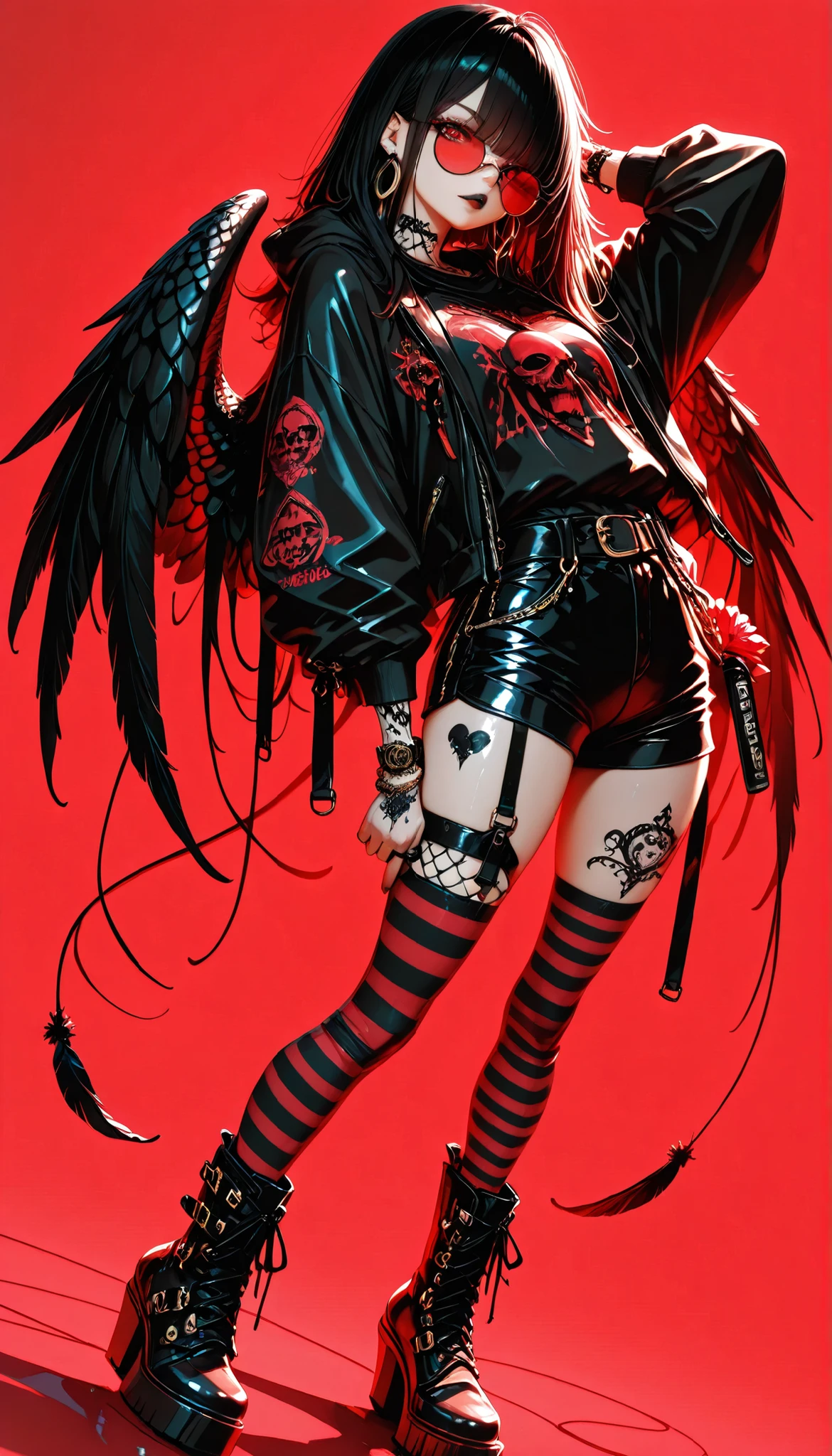 Masterpiece, best quality, amazing quality, latest, very aesthetic, absurd, (scale: 1.4), 8k, good anatomy, good shading, super detailed, exquisite details, high resolution, HD, masterpiece, 4ur4_illu, brilliant, XUER guangying, 748 cm in style, Lhata4564_illu.
(photorealistic: 1,2), (illustration:1,3), high resolution, clear focus, soft lighting, adult girl, red eyes, wings, long hair, black hair, parted lips, ear piercing, wings with feathers, hand behind head, eyelashes, flowing hair, lips, hand in hair, disheveled hair, earrings, boots, hood, hoodie, glasses, shorts, watch, long sleeves, bracelet, striped stockings, hoop earrings,red glasses with black frames, round glasses, cross-laced shoes, lace-up boots, short shorts, ring, high-heeled shoes, nose piercing, bracelet, stands, looks at the viewer, hand in pocket, punk, solo, , open clothes, piercing, red background, simple background, dot color, monochrome, red theme, bottom, dutch angle, limited palette, inscriptions on clothes, tattoo, jewelry, neck tattoo, black shoes, tattoo on the arm, tattoo on the leg, raised arm, tattoo on the arm, tattoo in the form of a flower, black shorts, skin, closed mouth, black lips, black nails, (medium color), tesun (pus).