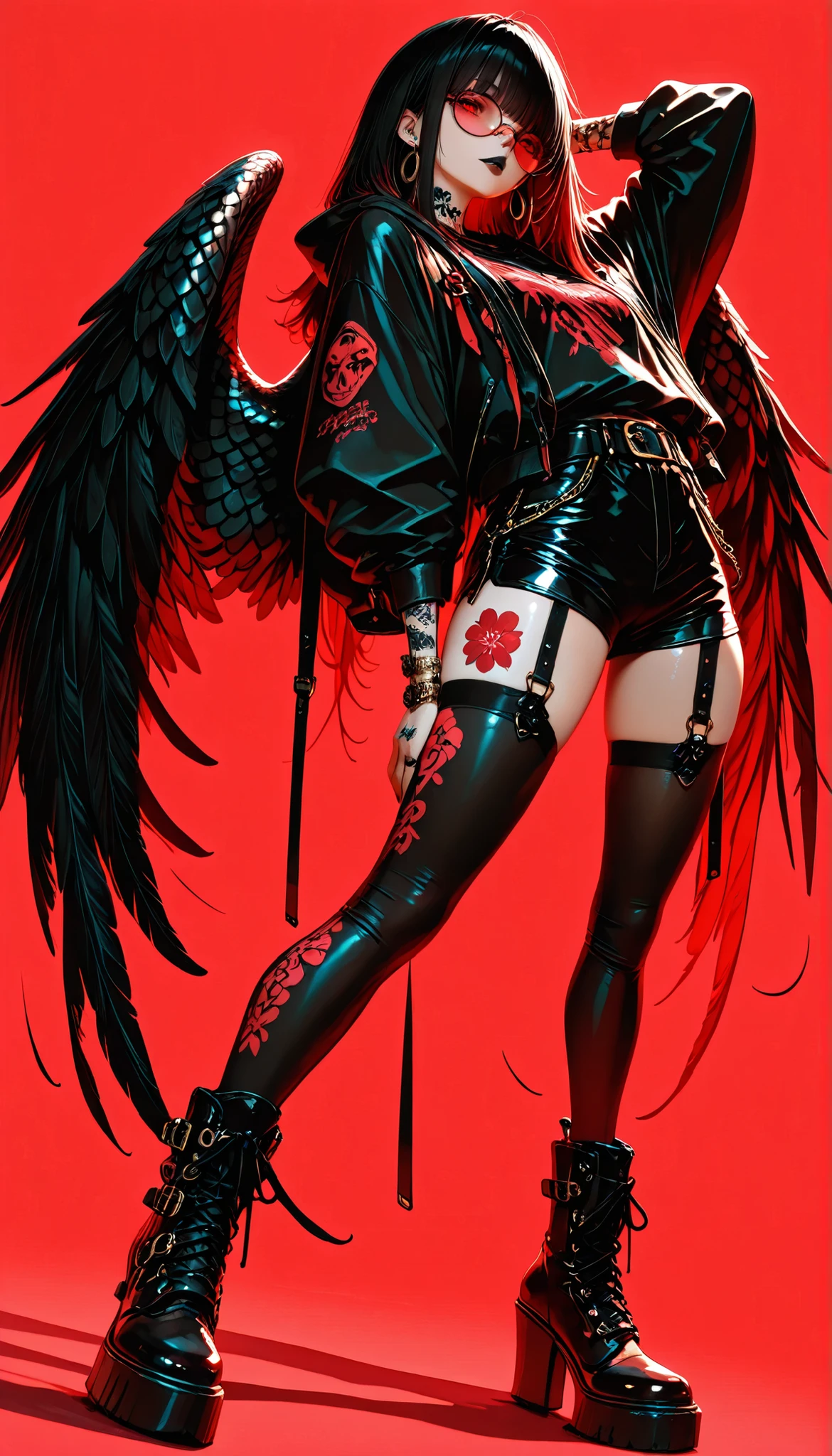 Masterpiece, best quality, amazing quality, latest, very aesthetic, absurd, (scale: 1.4), 8k, good anatomy, good shading, super detailed, exquisite details, high resolution, HD, masterpiece, 4ur4_illu, brilliant, XUER guangying, 748 cm in style, Lhata4564_illu. (photorealistic: 1,2), (illustration:1,3), high resolution, clear focus, soft lighting, adult girl, red eyes, wings, long hair, black hair, parted lips, ear piercing, wings with feathers, hand behind head, eyelashes, flowing hair, lips, hand in hair, disheveled hair, earrings, boots, hood, hoodie, glasses, shorts, watch, long sleeves, bracelet, stockings, hoop earrings,red glasses with black frames, round glasses, cross-laced shoes, lace-up boots, short shorts, ring, high-heeled shoes, nose piercing, bracelet, standing, looking at the viewer, hand in pocket, punk, solo, , open clothes, piercing, red background, simple background, dot color, monochrome, red theme, bottom, dutch perspective, limited palette, inscriptions on clothes, tattoo, jewelry, neck tattoo, black shoes, arm tattoo, tattoo on leg, raised arm, tattoo on arm, flower tattoo, black shorts, skin, closed mouth, black lips, black nails, (medium color), tesun (pus).