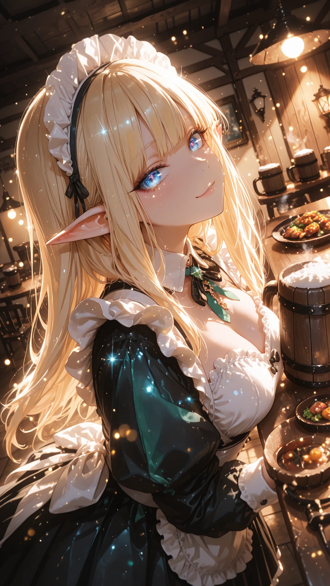 High Angle, Reflections like high-definition photographs, sparkling bokeh, Ambient Lighting, sensual and seductive, taken with Nikon Z7 II mirrorless camera. Highly detailed eyes and face, Detailed Features, full body, 3/4 Views, exquisitely drawn eyes, 8k, Ultra high definition ), (Anime Style, Highly detailed eyes and face), (Anime Style, face), Fantasy World, complicated details, Mysterious Atmosphere, seductive atmosphere, highlight effect, Soft Shadows, upper body, Female Elf Maid, upward gaze, Inner Elf Ears Are Light Pink, beautiful faces, long hair, Fluffy, Soft, Fine Curls, big blue eyes, double eyelids, thin eyebrows, Long Eye Lashes, small mouth, Shimmering Lips , Blonde, Sexy Elf Maid Outfit, DETAIL COSTUMES, Sexy Neckline, vivid accent, Cinematic lighting, moderately roomy tight skirt. Smile Yan, very friendly atmosphere. Table Full of Leftovers. Steam Rising from Food, Beer in a Wooden Mug, giving an elegant, Feminine impression. Style Reminiscent of, 「dungeon meal」with a ridiculous sense of incongruity.” Detailed facial expressions, Dutch Angle, High Angle, Slanted Shot, Dynamic Configuration, Warm Room Lighting . Antique furniture is arranged in a modern and tasteful manner, stylish interiors. blur and the light of the ceiling light are in perfect harmony.